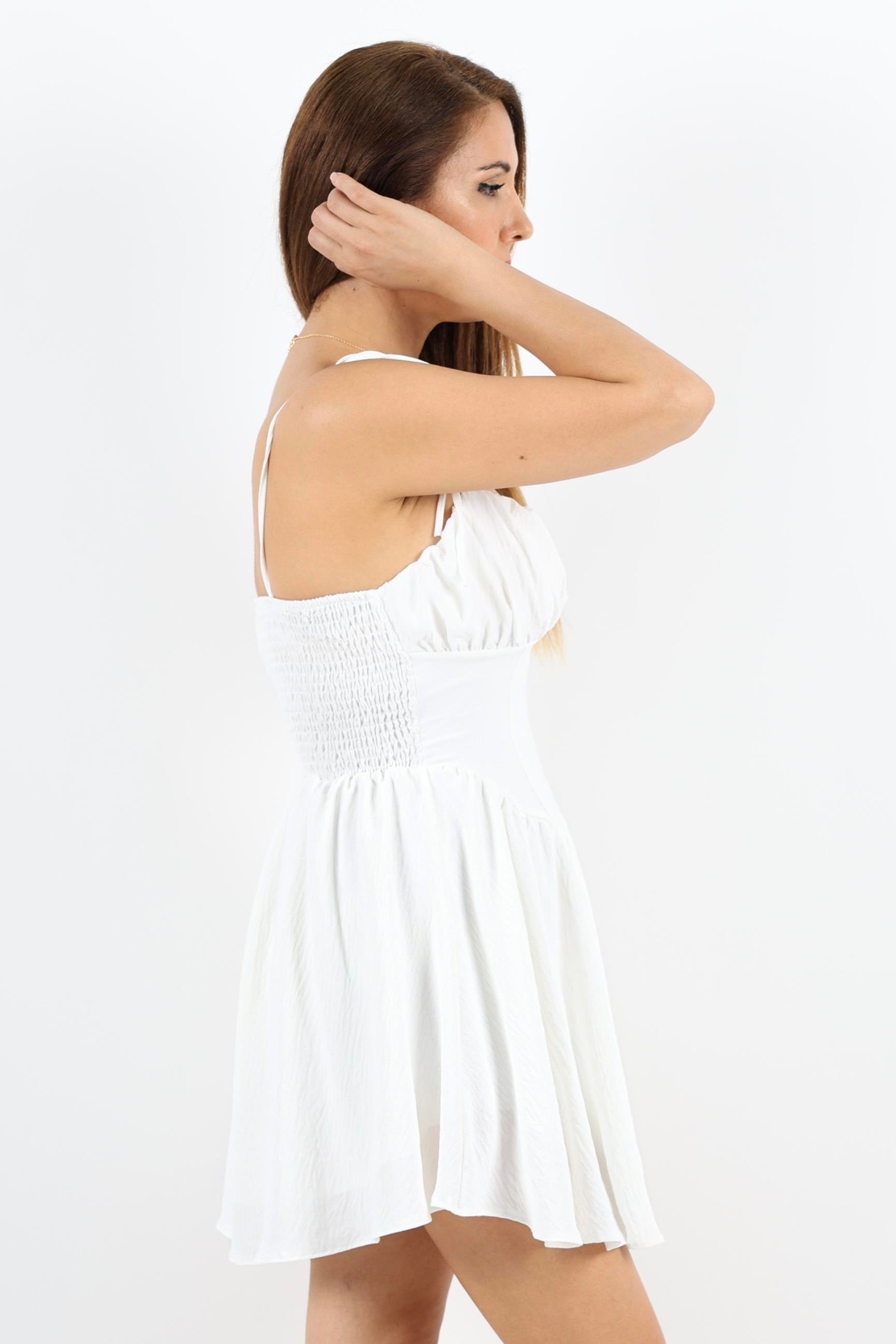 Korse Görünümlü Astarlı Sırt Lastik Detay Beyaz  Kısa Elbise