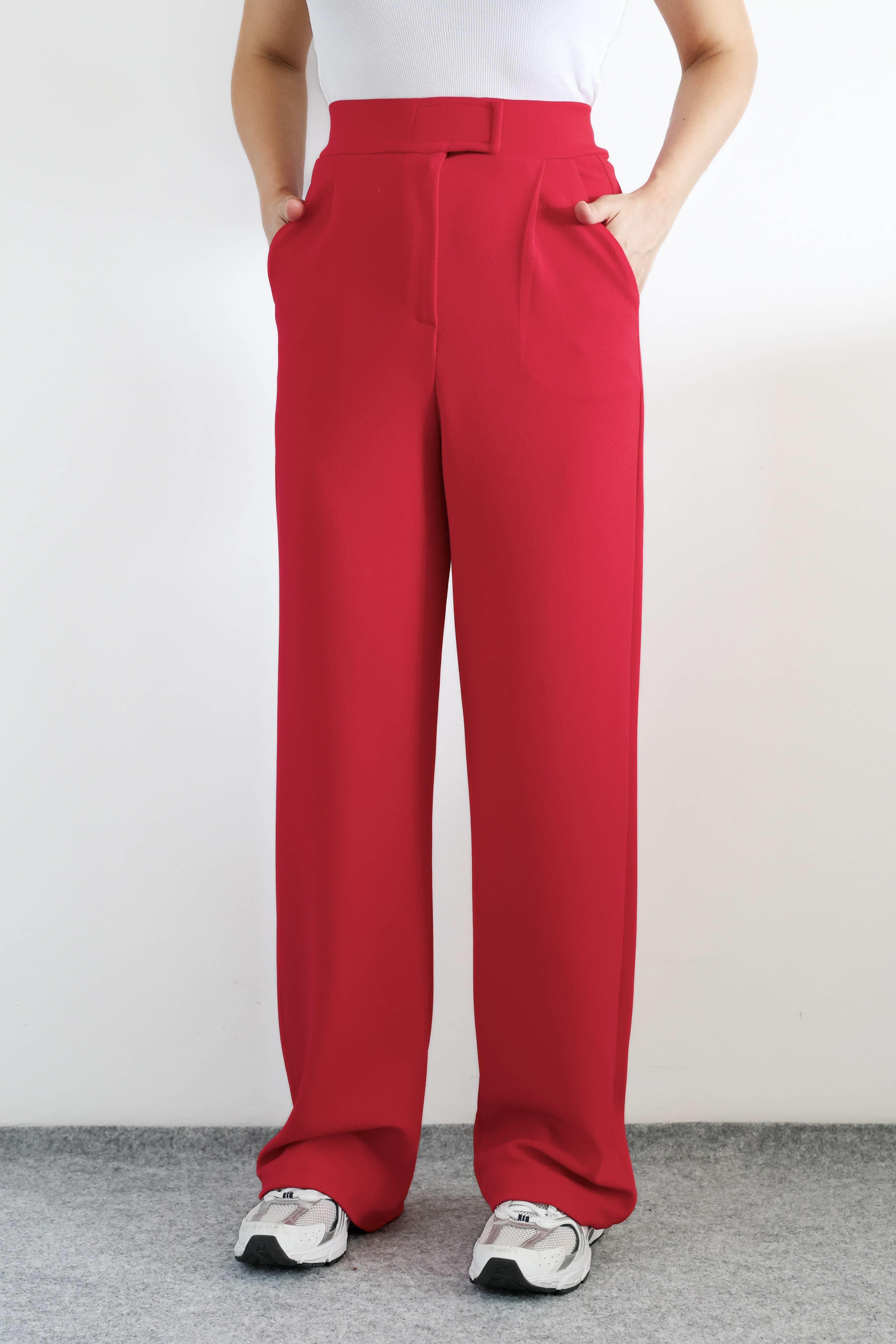 Line Kadın Likralı Cırt Kapama Kırmızı Palazzo Pantolon