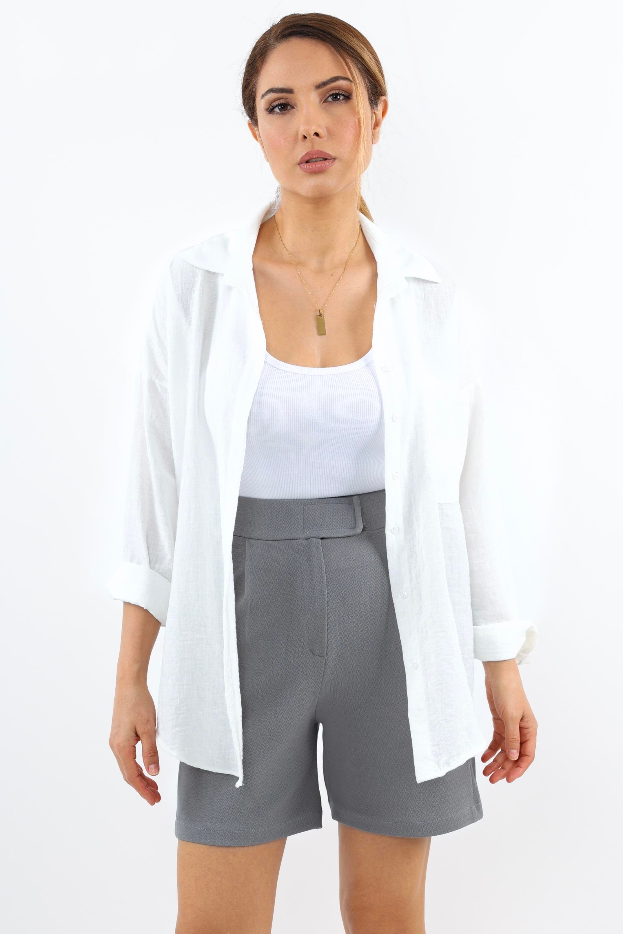 Line Kadın Likralı Cırtlı Gri Şort