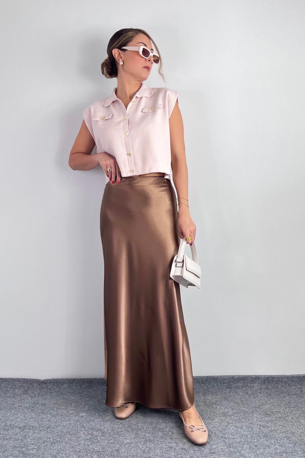 Luna Bel Lastikli Maksi Boy Bronz Saten Etek
