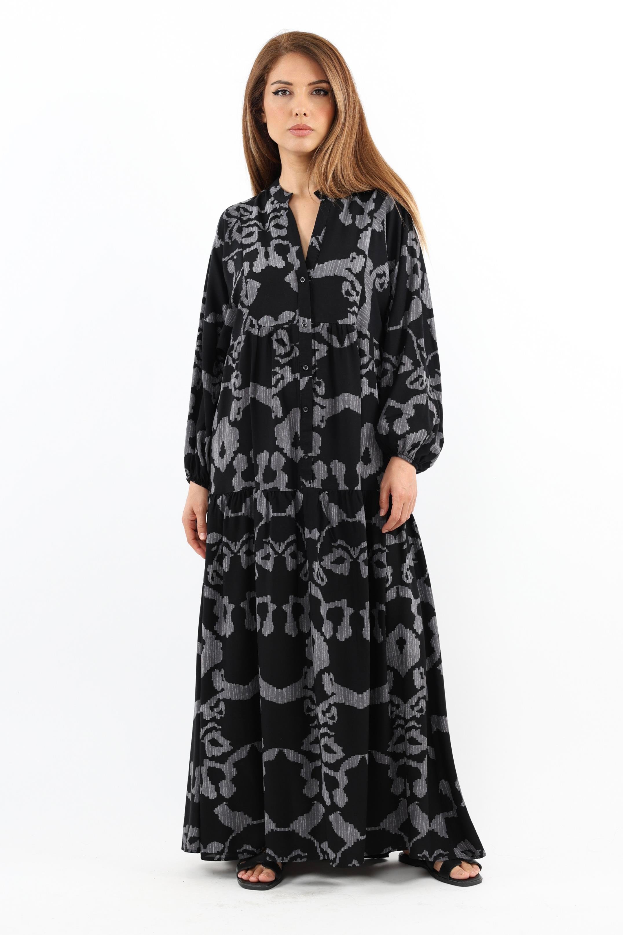 Prive Kadın Chain %100 Viskon Gri Siyah Uzun Elbise