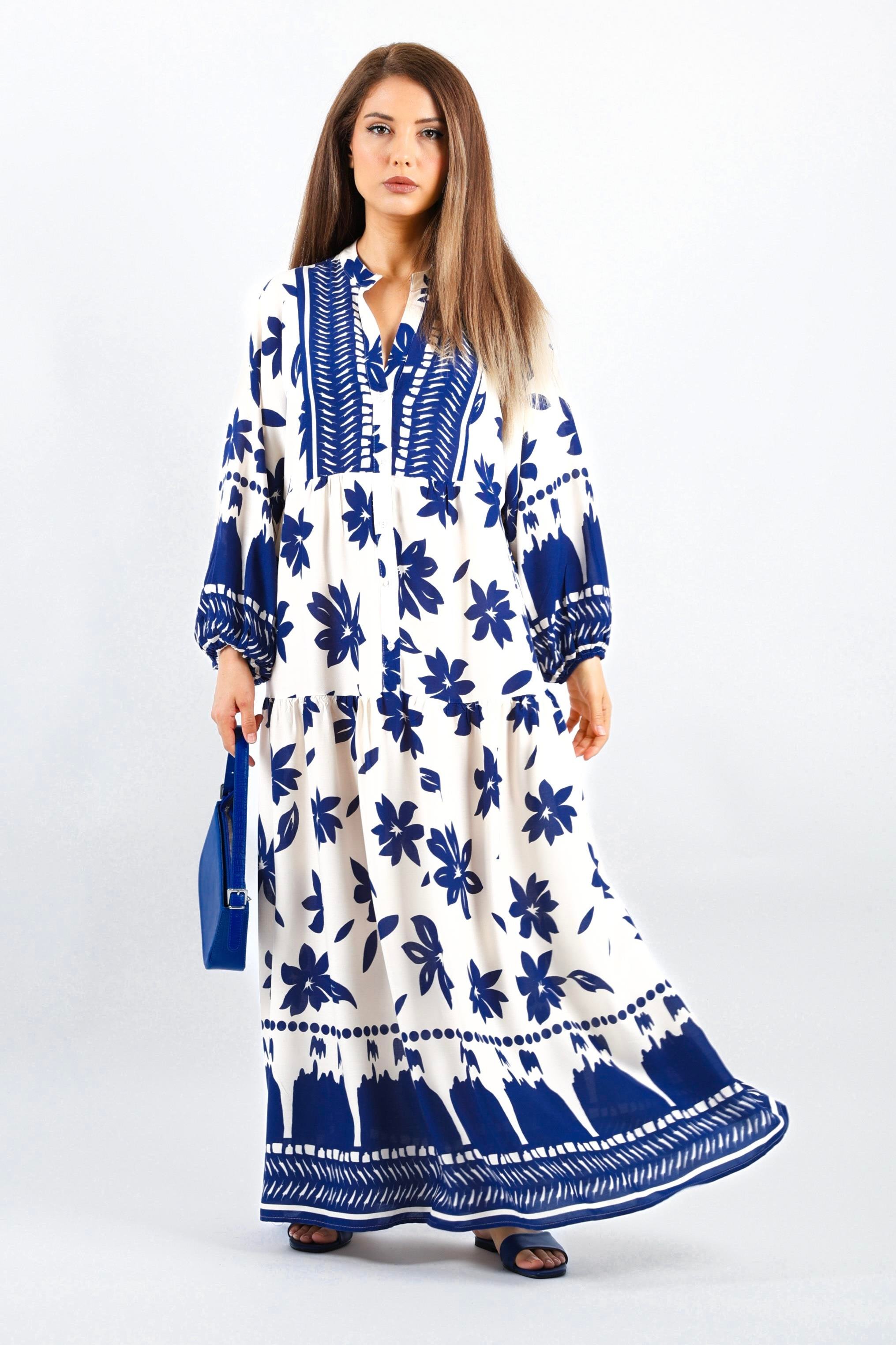 Prive Kadın Fulya %100 Viskon Maksi Boy Lacivert Krem Uzun Yazlık Elbise