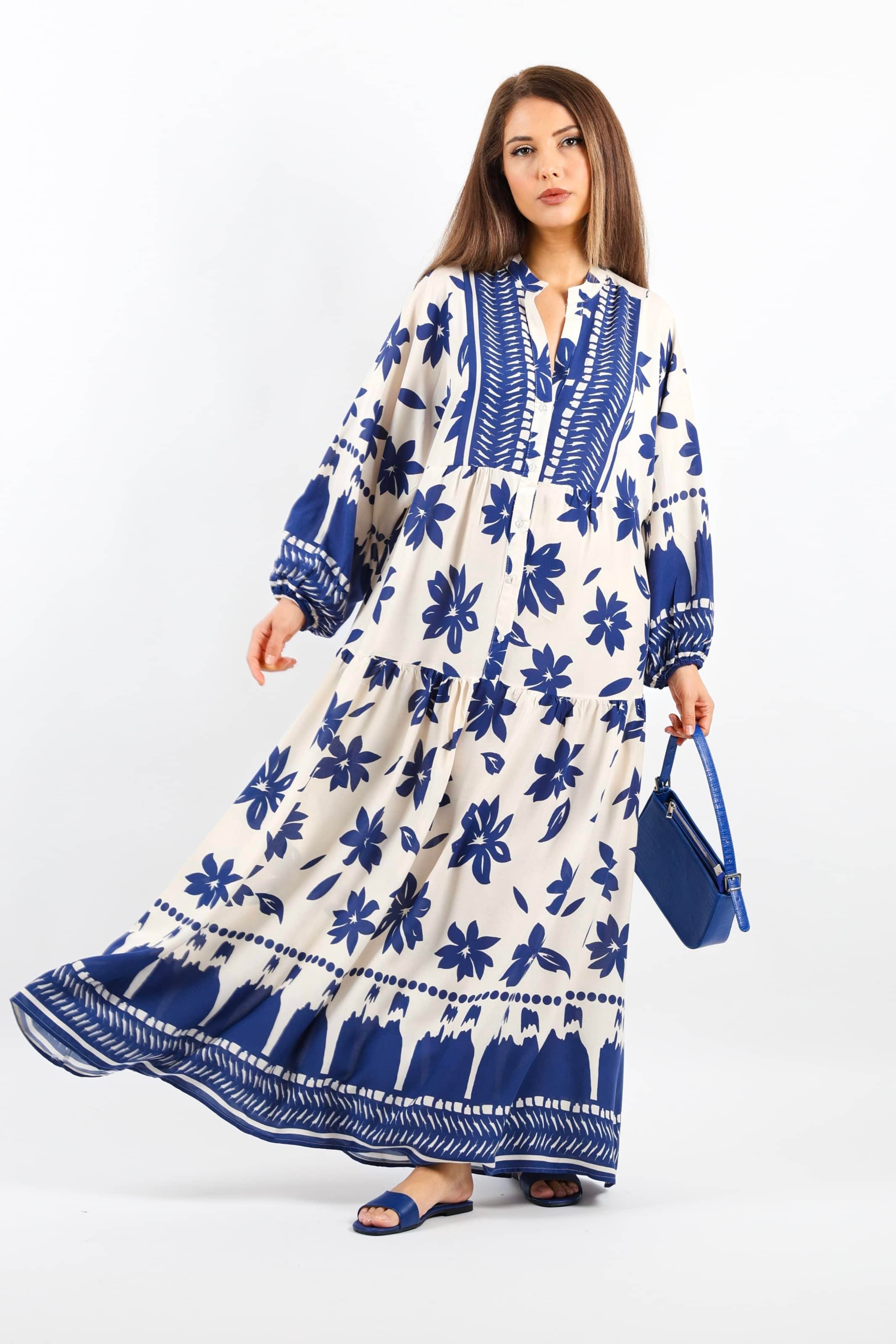 Prive Kadın Fulya %100 Viskon Maksi Boy Lacivert Krem Uzun Yazlık Elbise