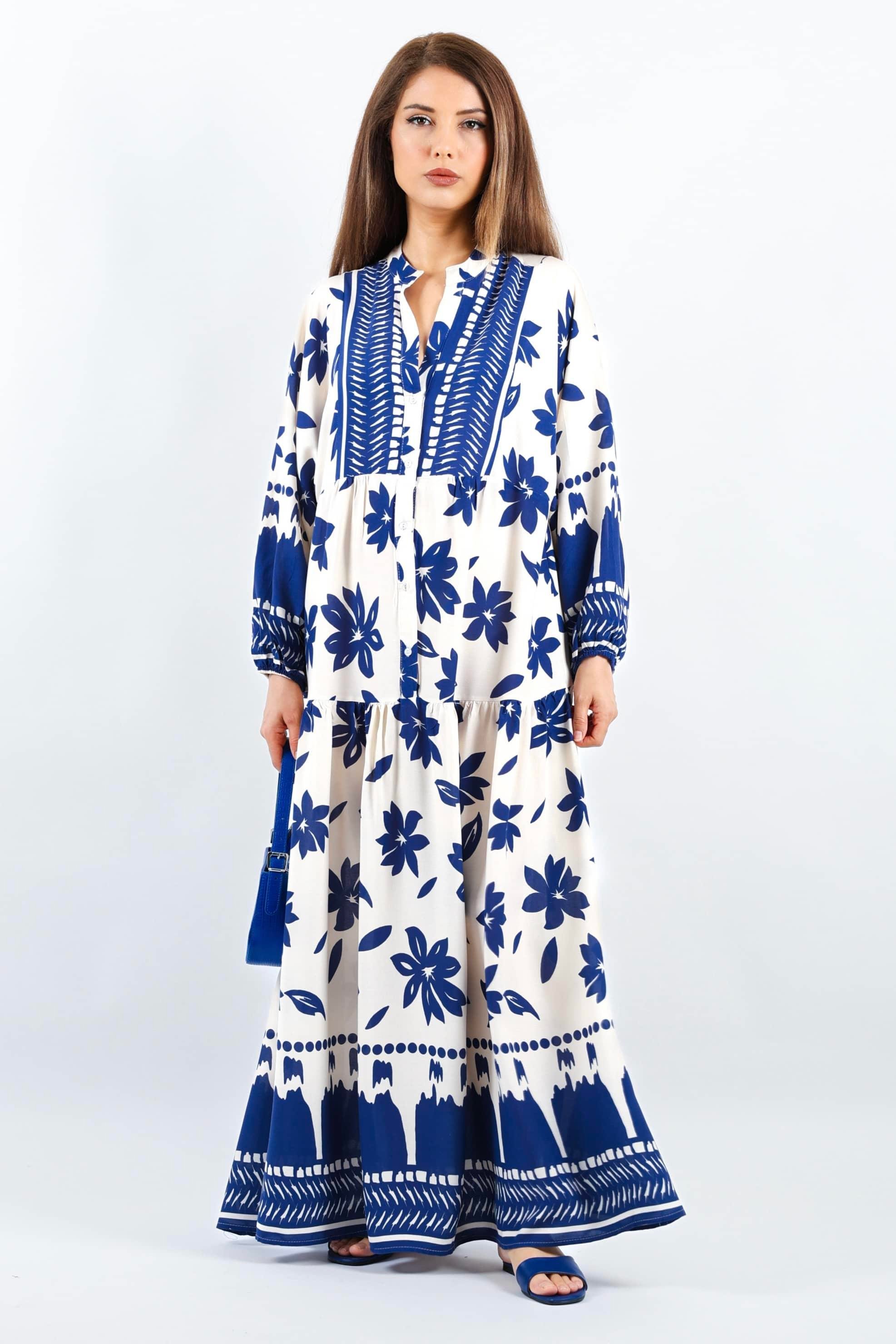 Prive Kadın Fulya %100 Viskon Maksi Boy Lacivert Krem Uzun Yazlık Elbise