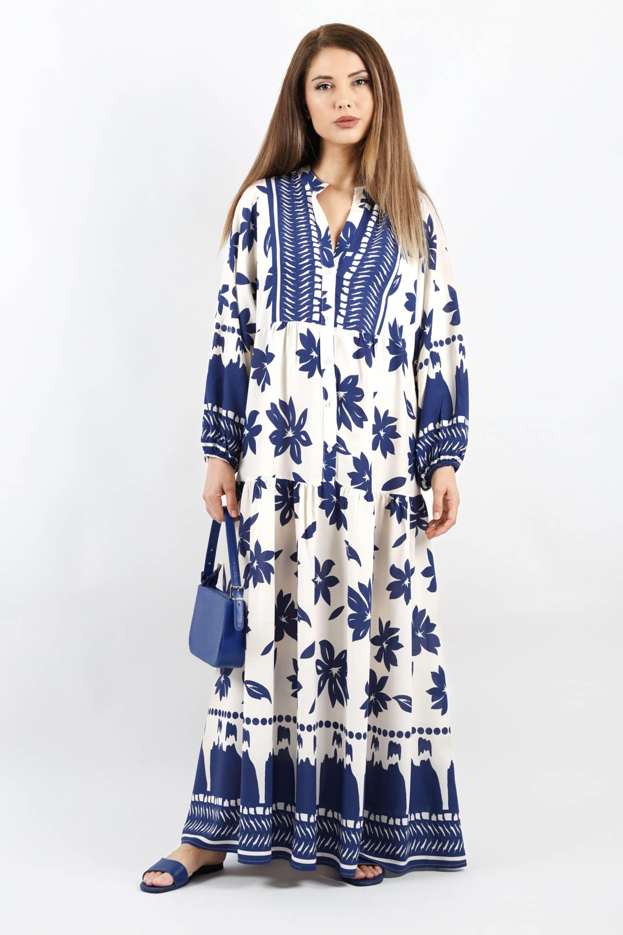 Prive Kadın Fulya %100 Viskon Maksi Boy Lacivert Krem Uzun Yazlık Elbise