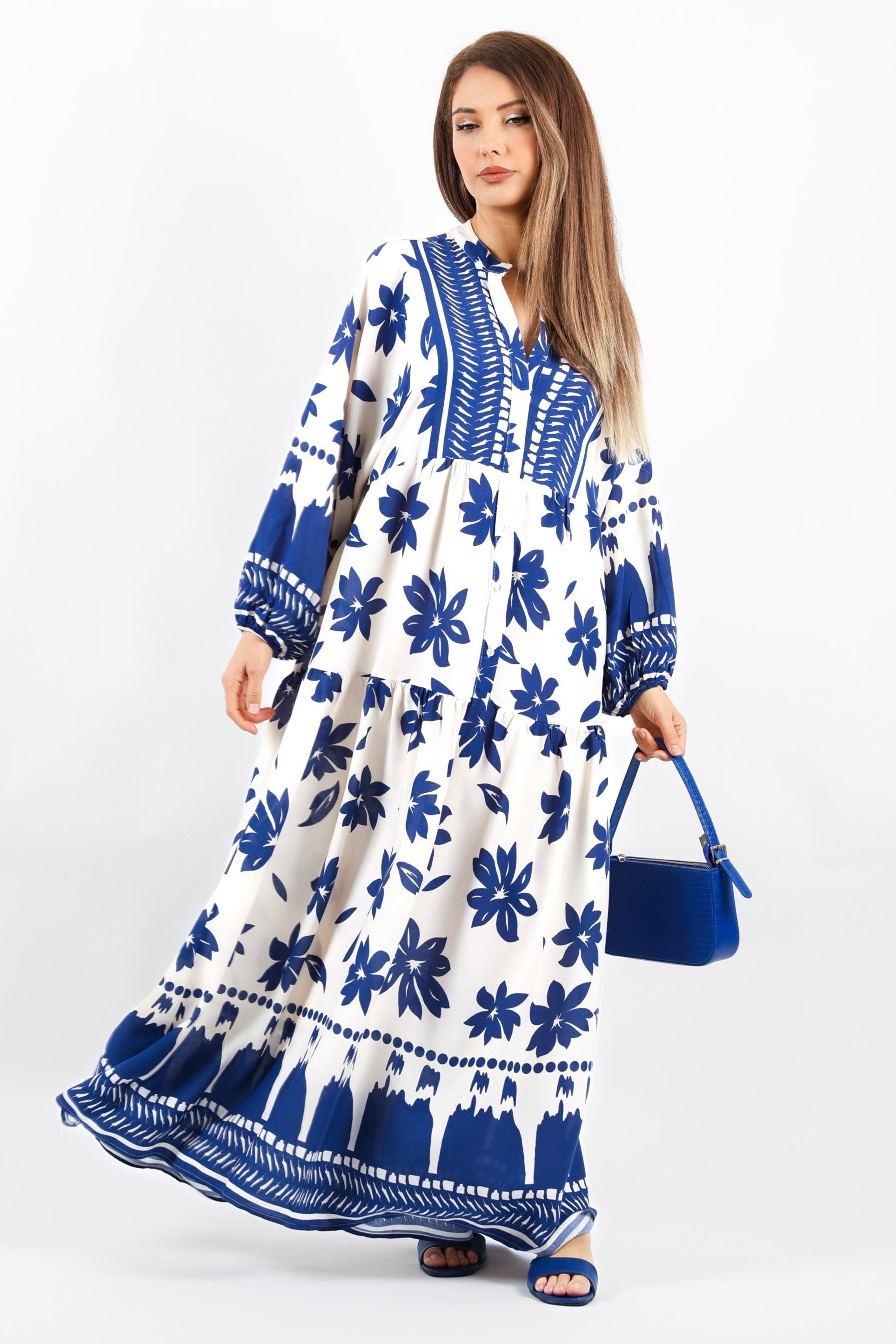 Prive Kadın Fulya %100 Viskon Maksi Boy Lacivert Krem Uzun Yazlık Elbise