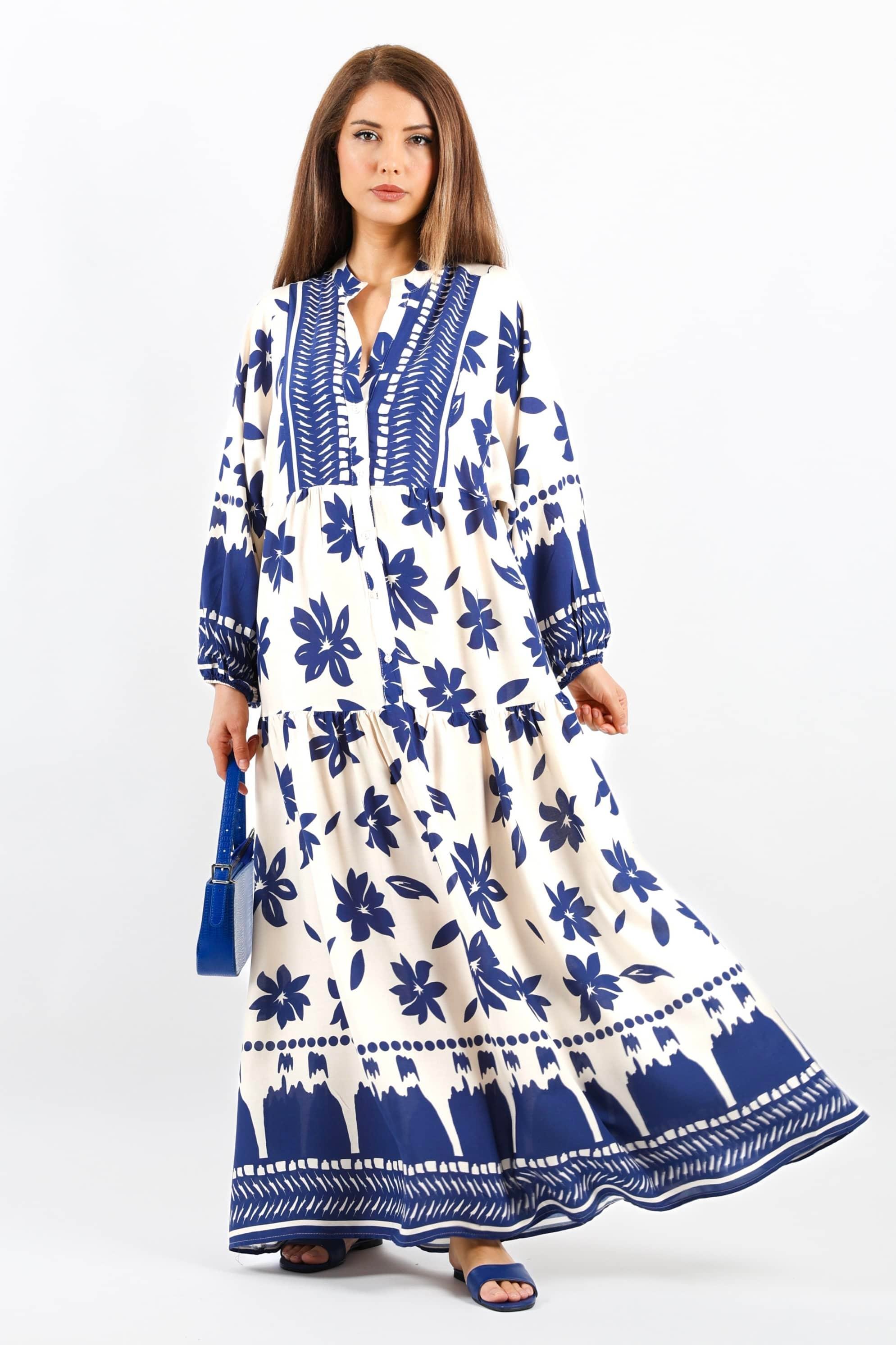 Prive Kadın Fulya %100 Viskon Maksi Boy Lacivert Krem Uzun Yazlık Elbise