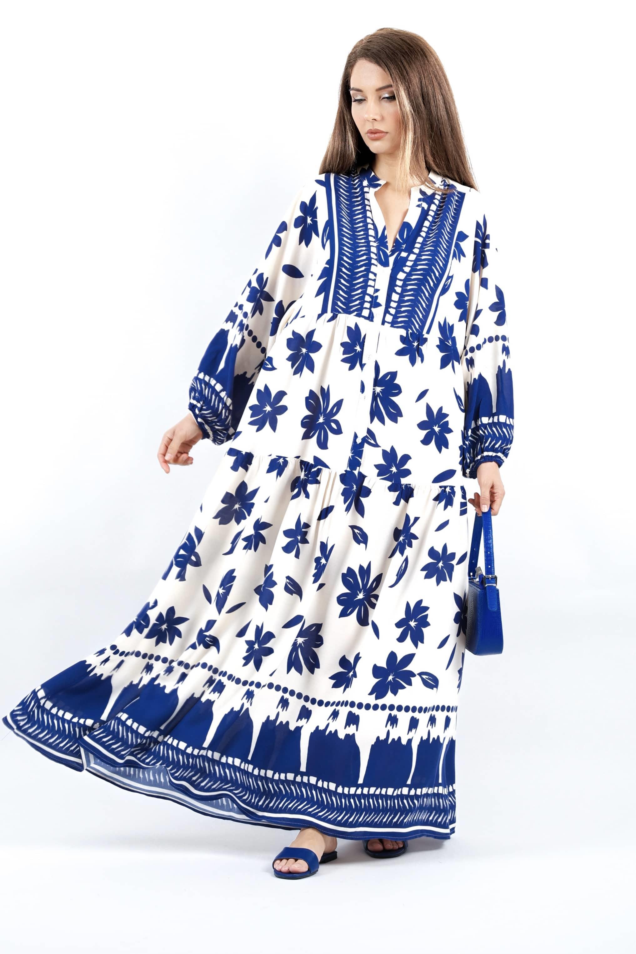 Prive Kadın Fulya %100 Viskon Maksi Boy Lacivert Krem Uzun Yazlık Elbise