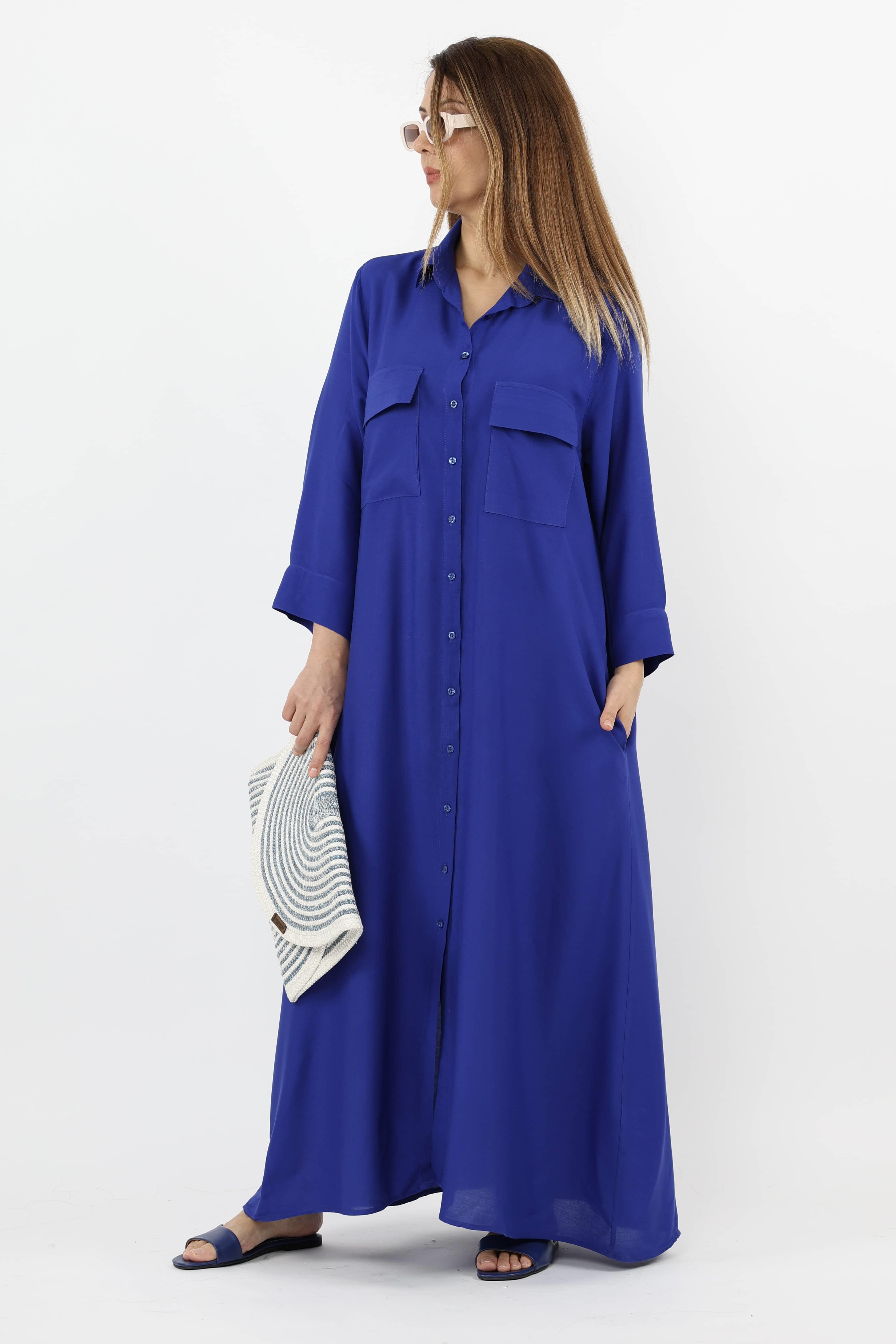 Prive Kadın Plain Saks Mavi %100 Viskon Maksi Boy Cepli Yazlık Uzun Elbise