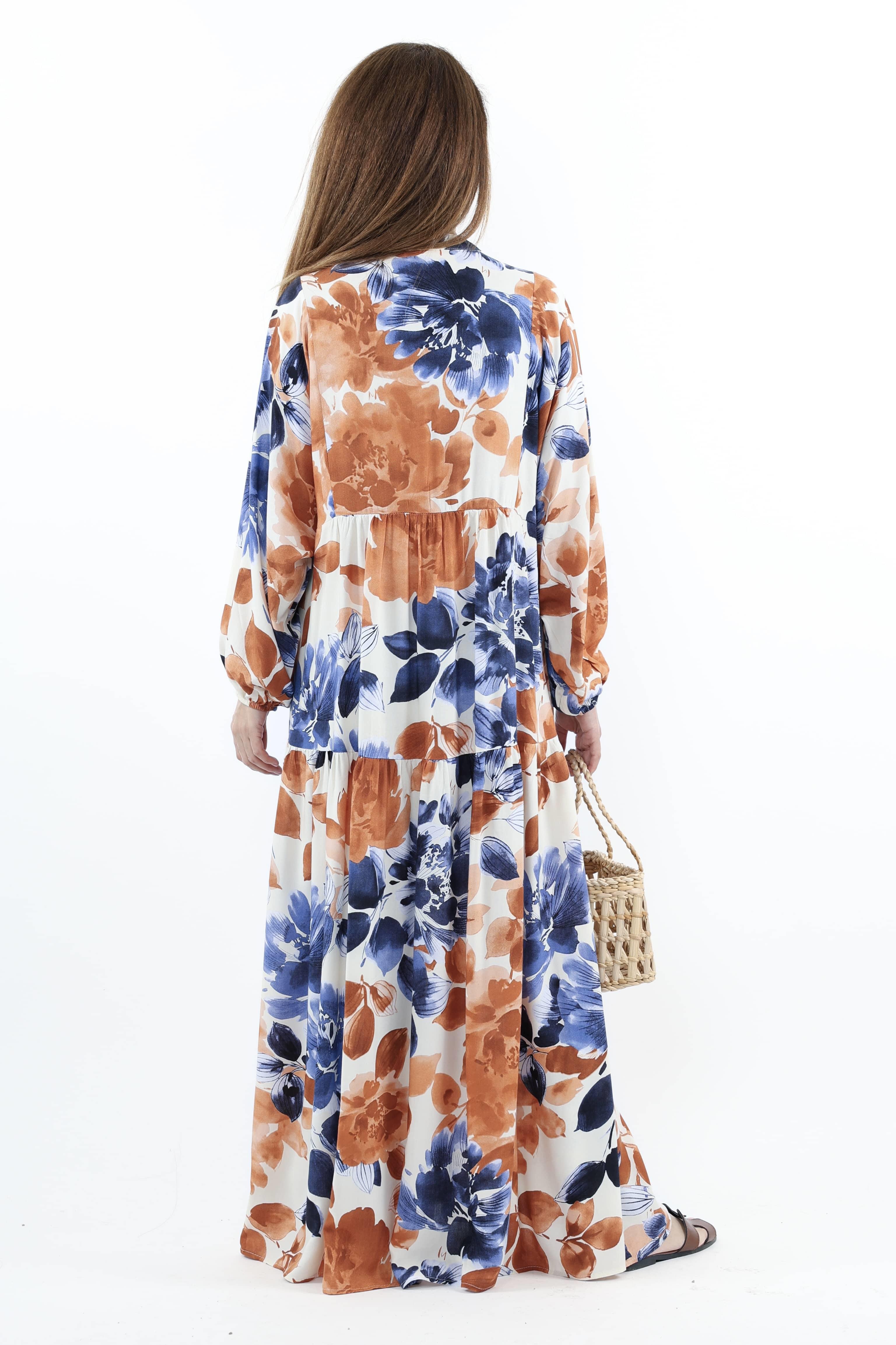 Prive Kadın Roses Mavi Tarçın %100 Viskon Maksi Boy Elbise