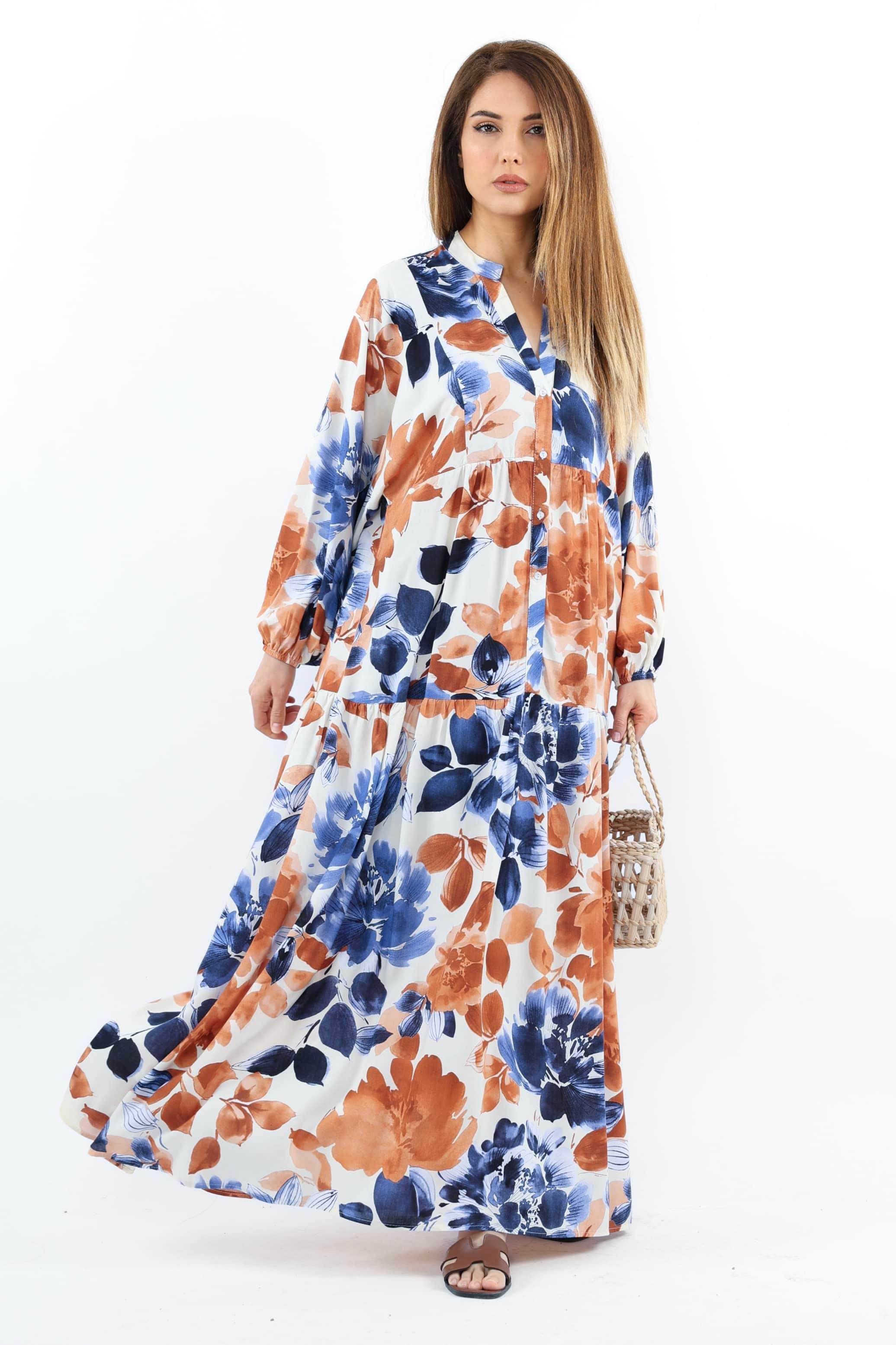 Prive Kadın Roses Mavi Tarçın %100 Viskon Maksi Boy Elbise