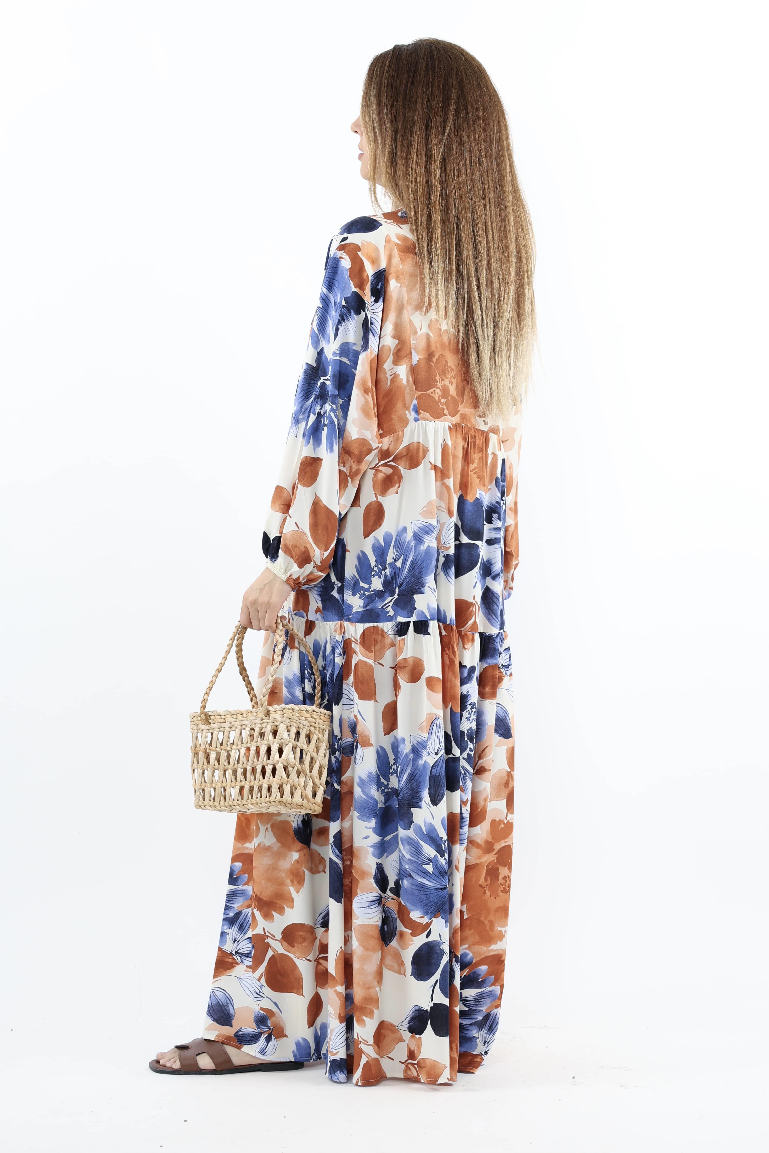 Prive Kadın Roses Mavi Tarçın %100 Viskon Maksi Boy Elbise