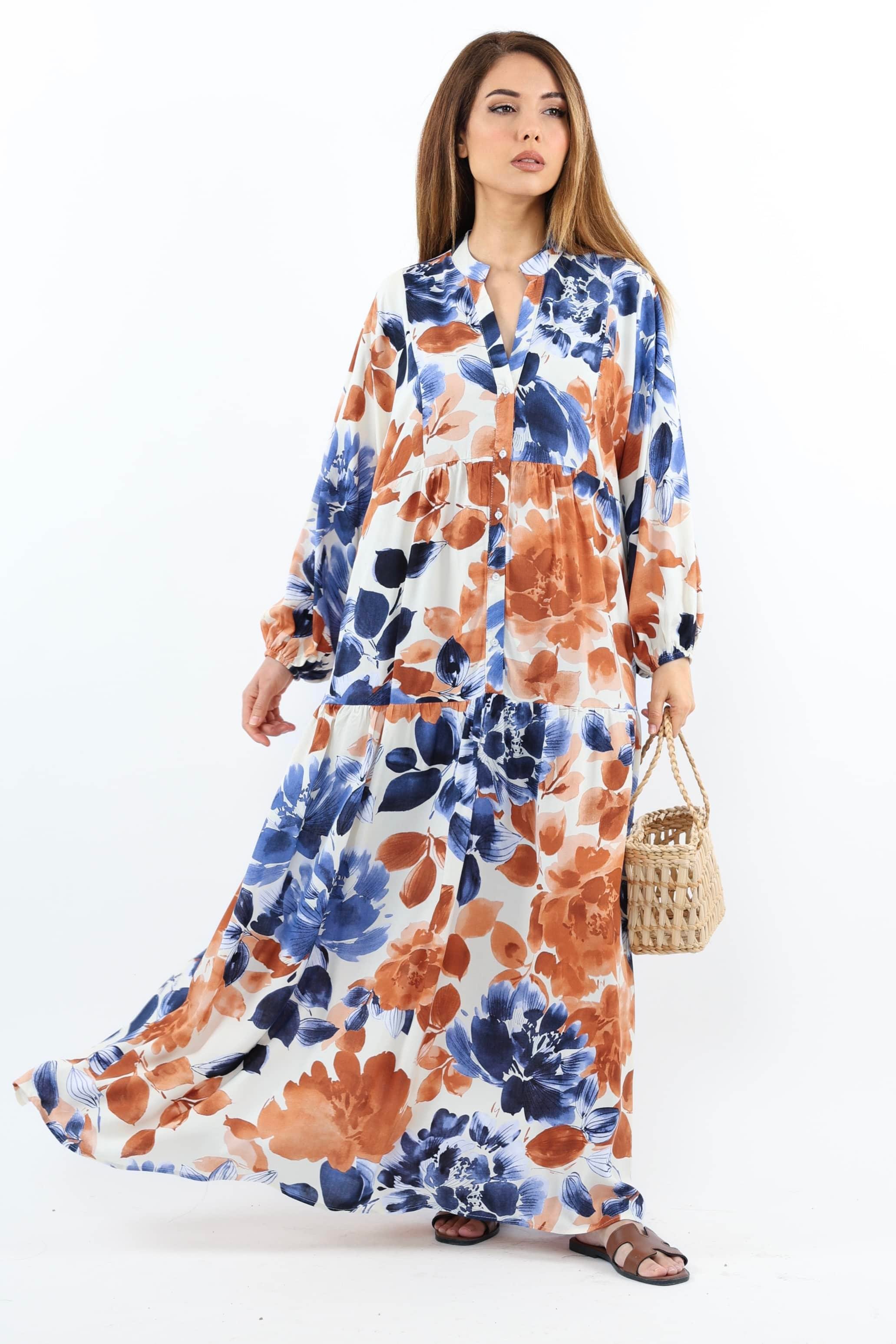 Prive Kadın Roses Mavi Tarçın %100 Viskon Maksi Boy Elbise