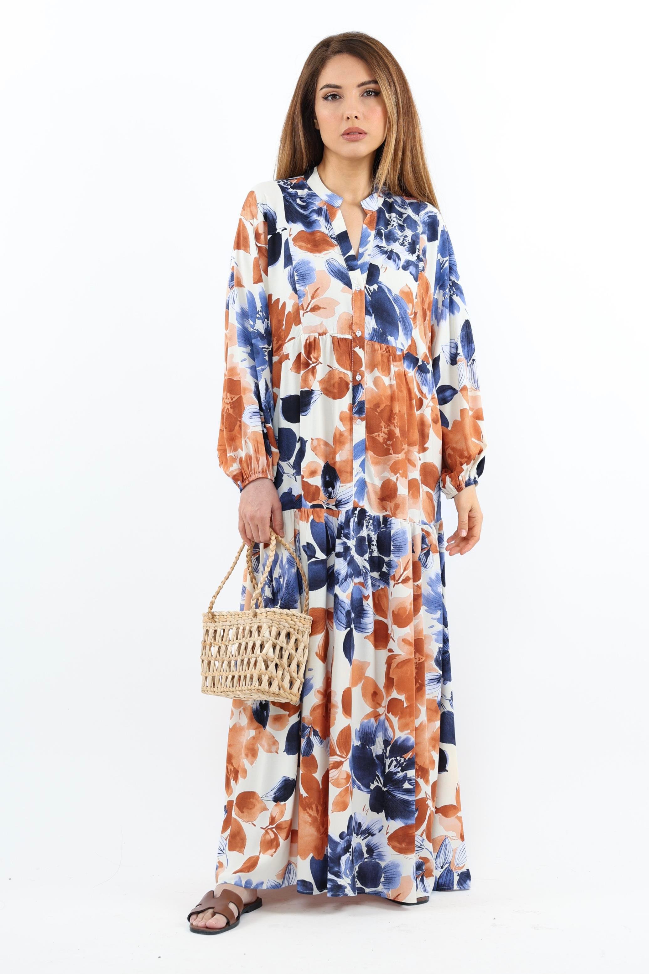 Prive Kadın Roses Mavi Tarçın %100 Viskon Maksi Boy Elbise