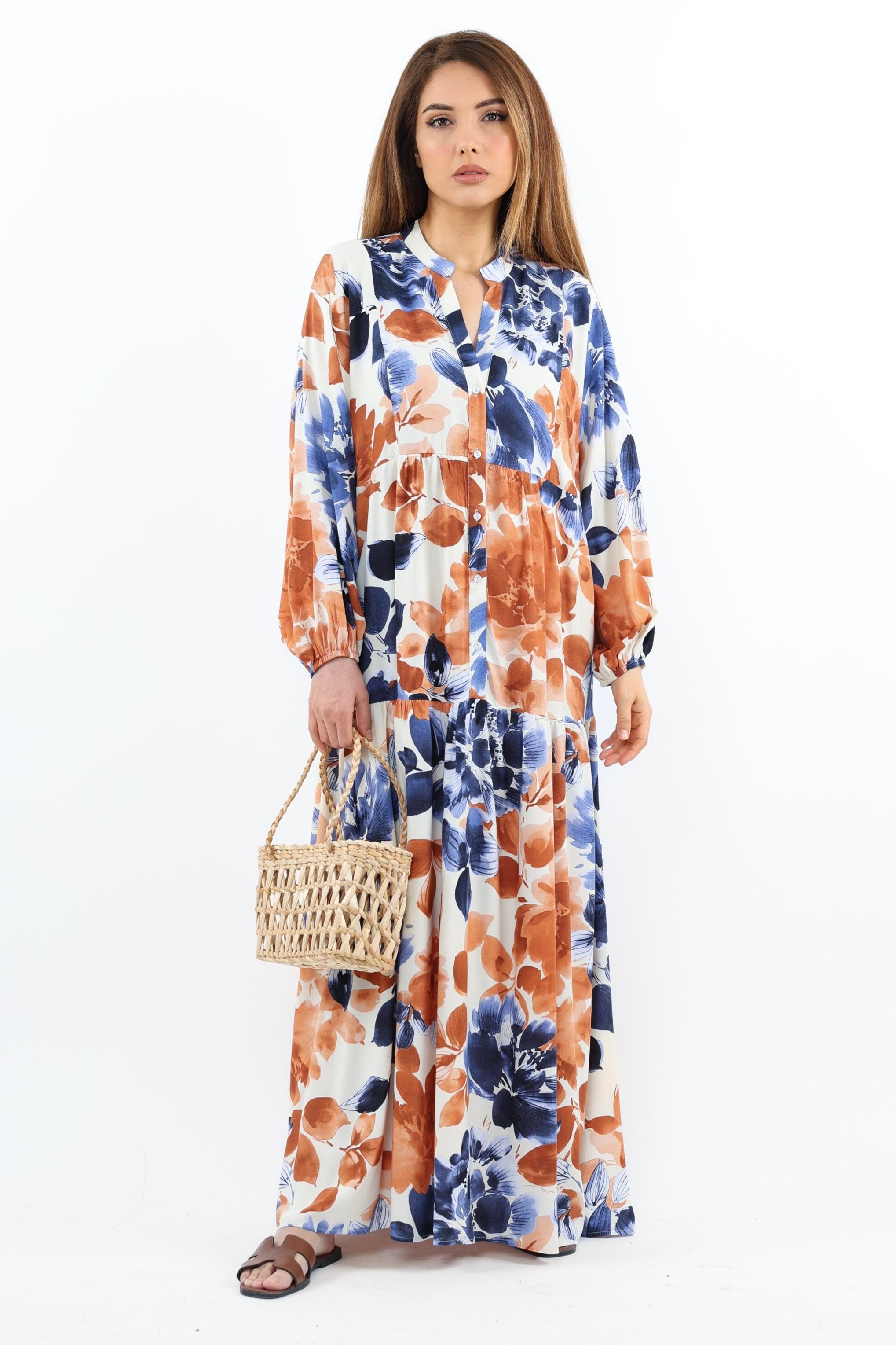 Prive Kadın Roses Mavi Tarçın %100 Viskon Maksi Boy Elbise