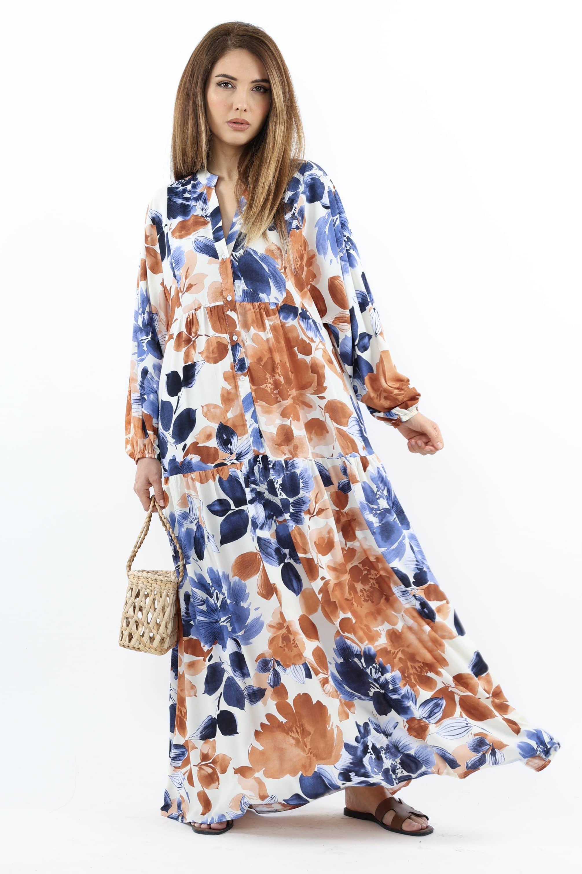 Prive Kadın Roses Mavi Tarçın %100 Viskon Maksi Boy Elbise