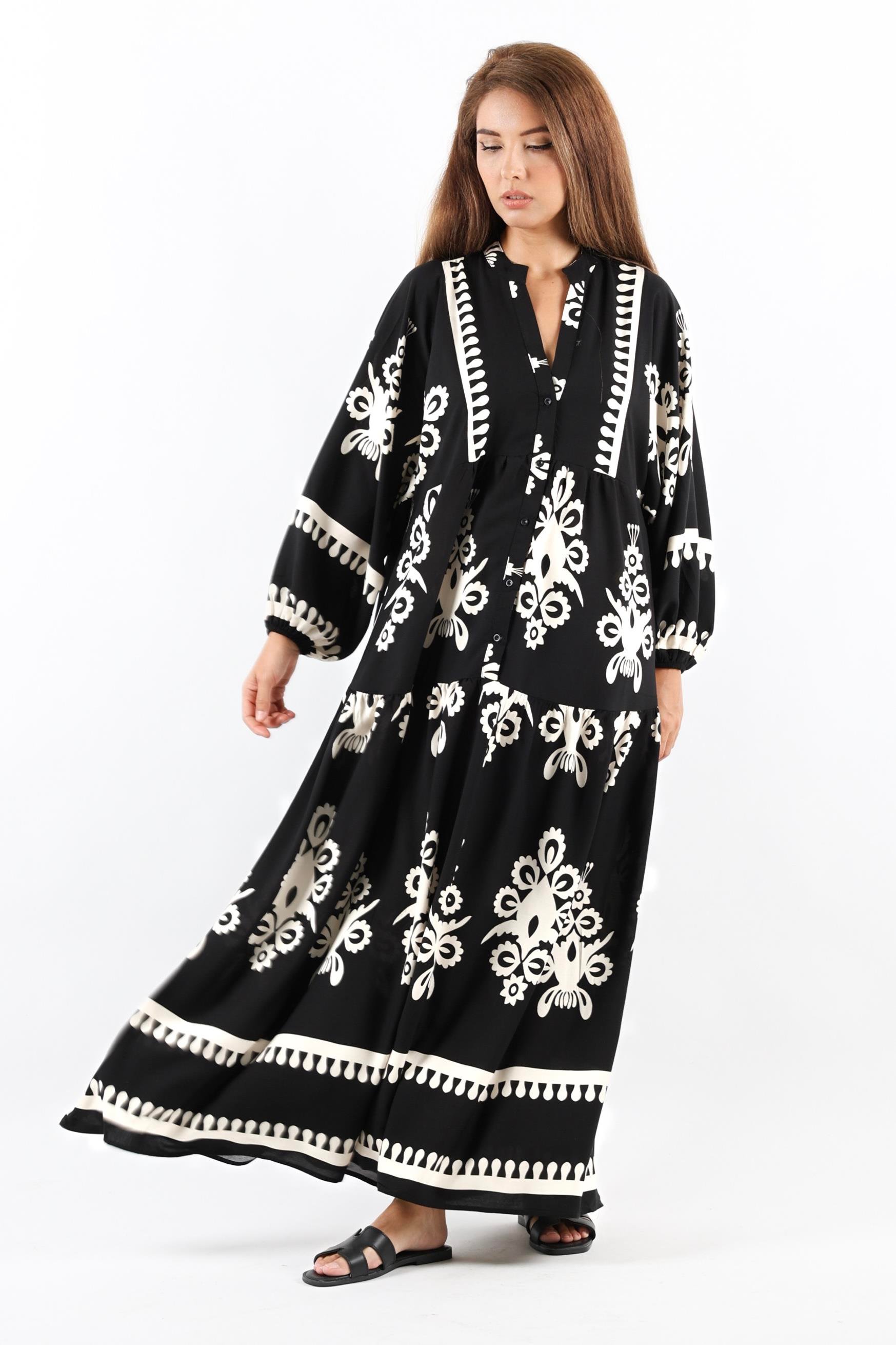 Prive Kadın Şal Desen Maksi Boy %100 Viskon Siyah Uzun Elbise