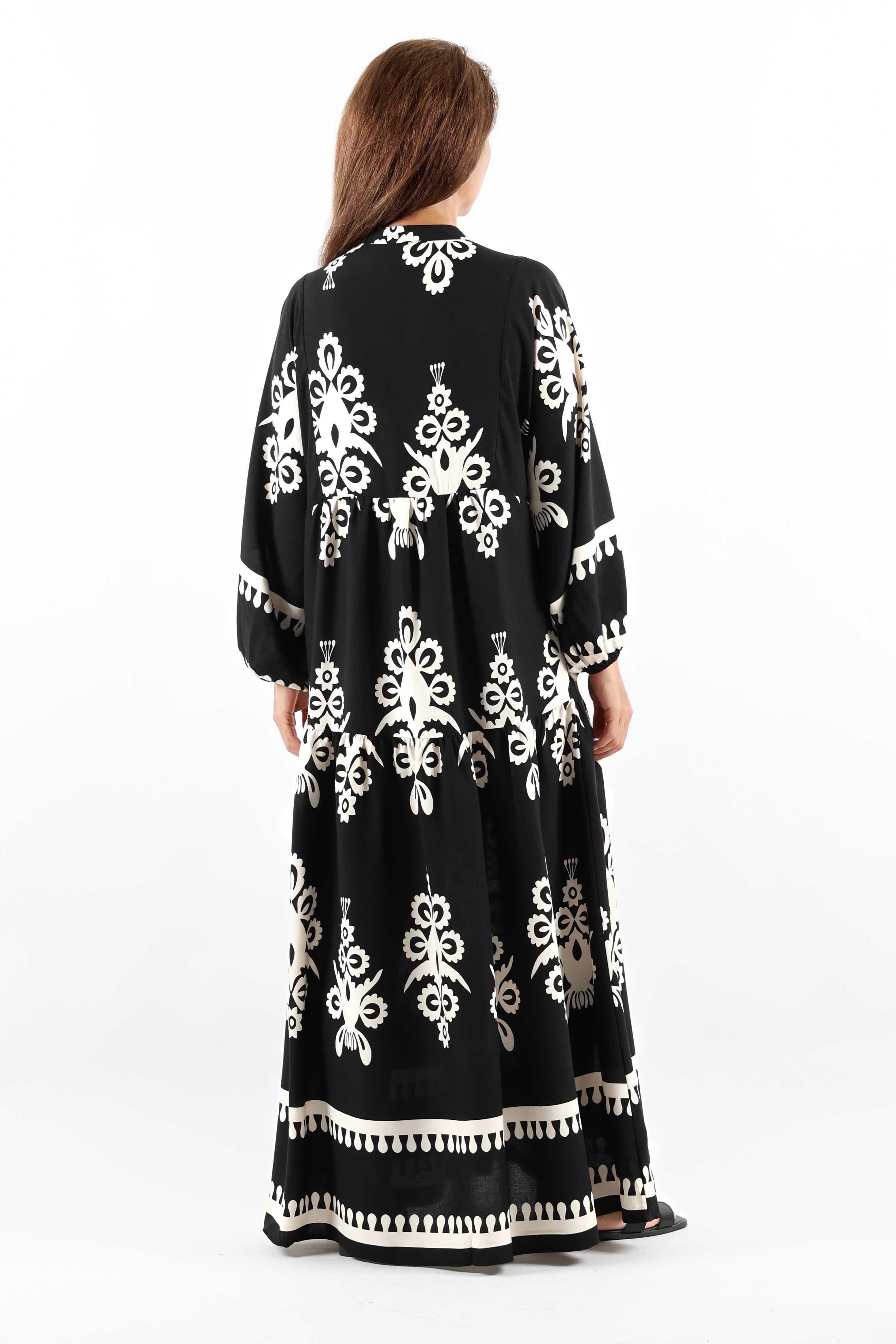 Prive Kadın Şal Desen Maksi Boy %100 Viskon Siyah Uzun Elbise