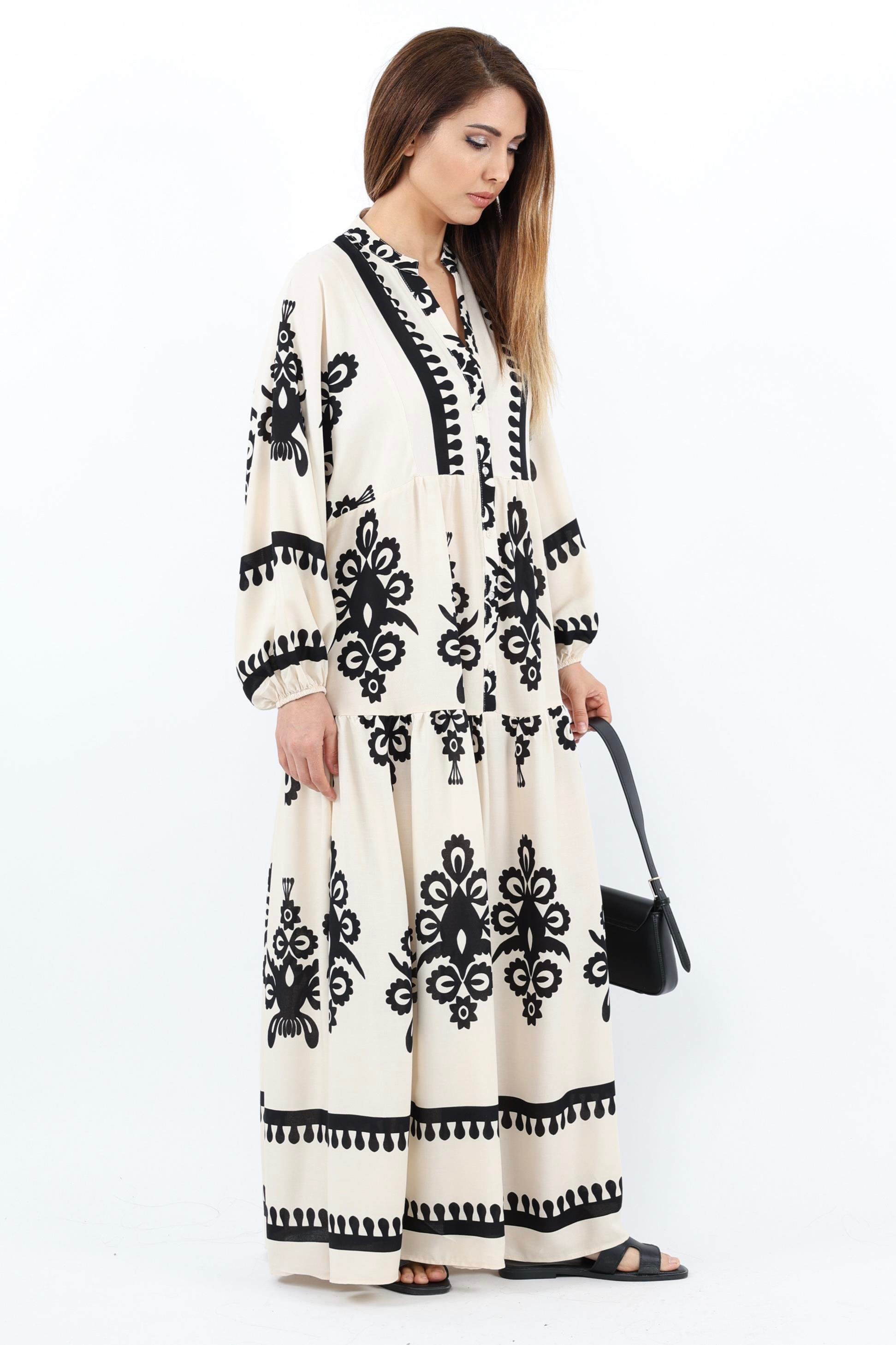 Prive Kadın Şal Desen Maksi Boy %100 Viskon Krem Siyah Uzun Elbise