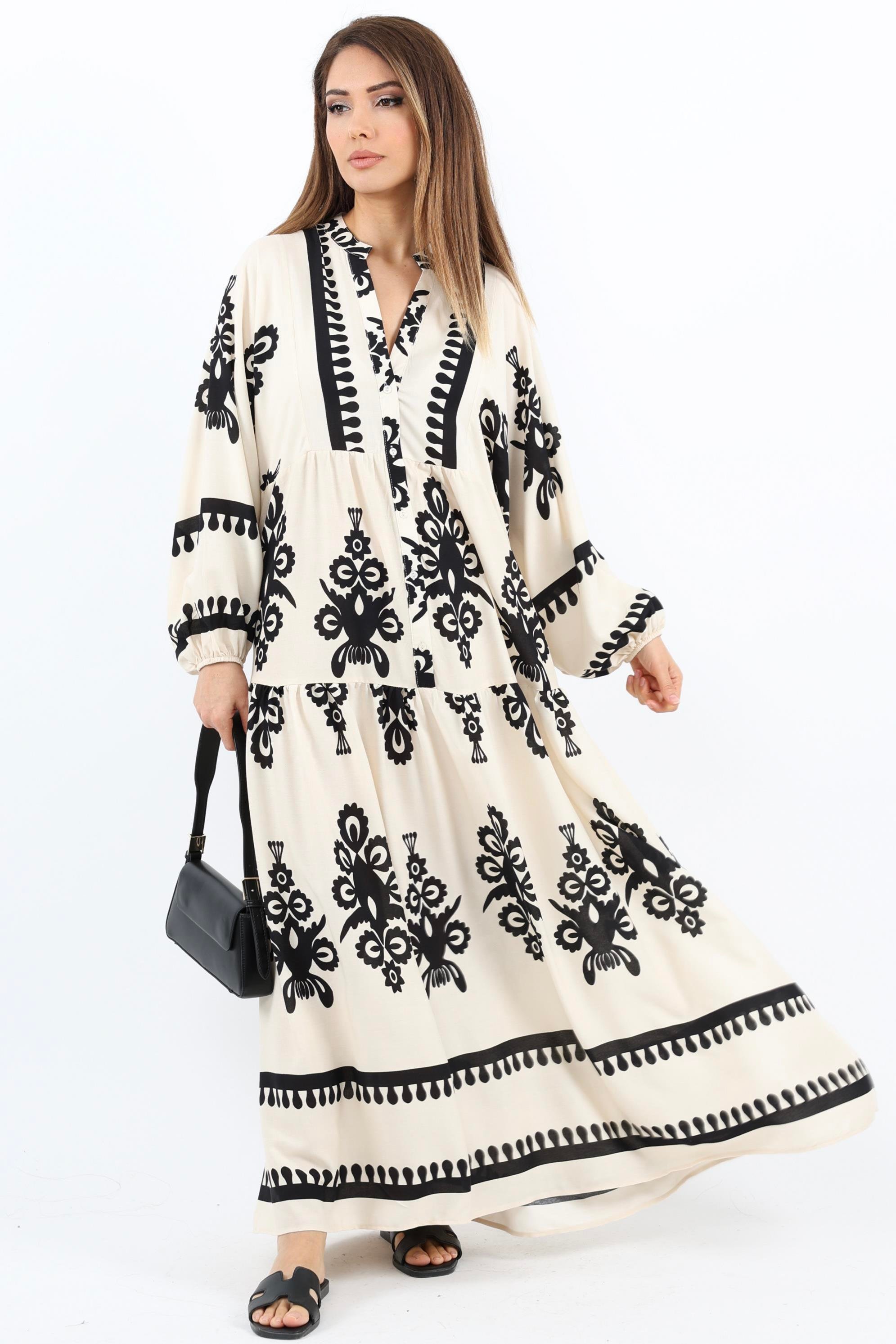 Prive Kadın Şal Desen Maksi Boy %100 Viskon Krem Siyah Uzun Elbise