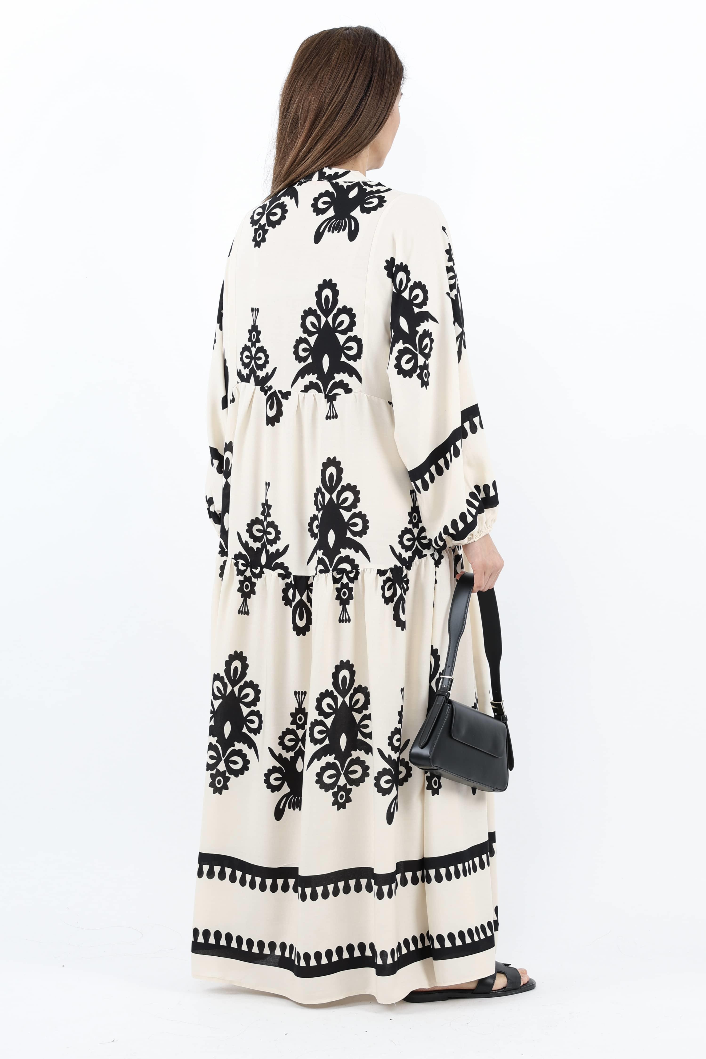 Prive Kadın Şal Desen Maksi Boy %100 Viskon Krem Siyah Uzun Elbise