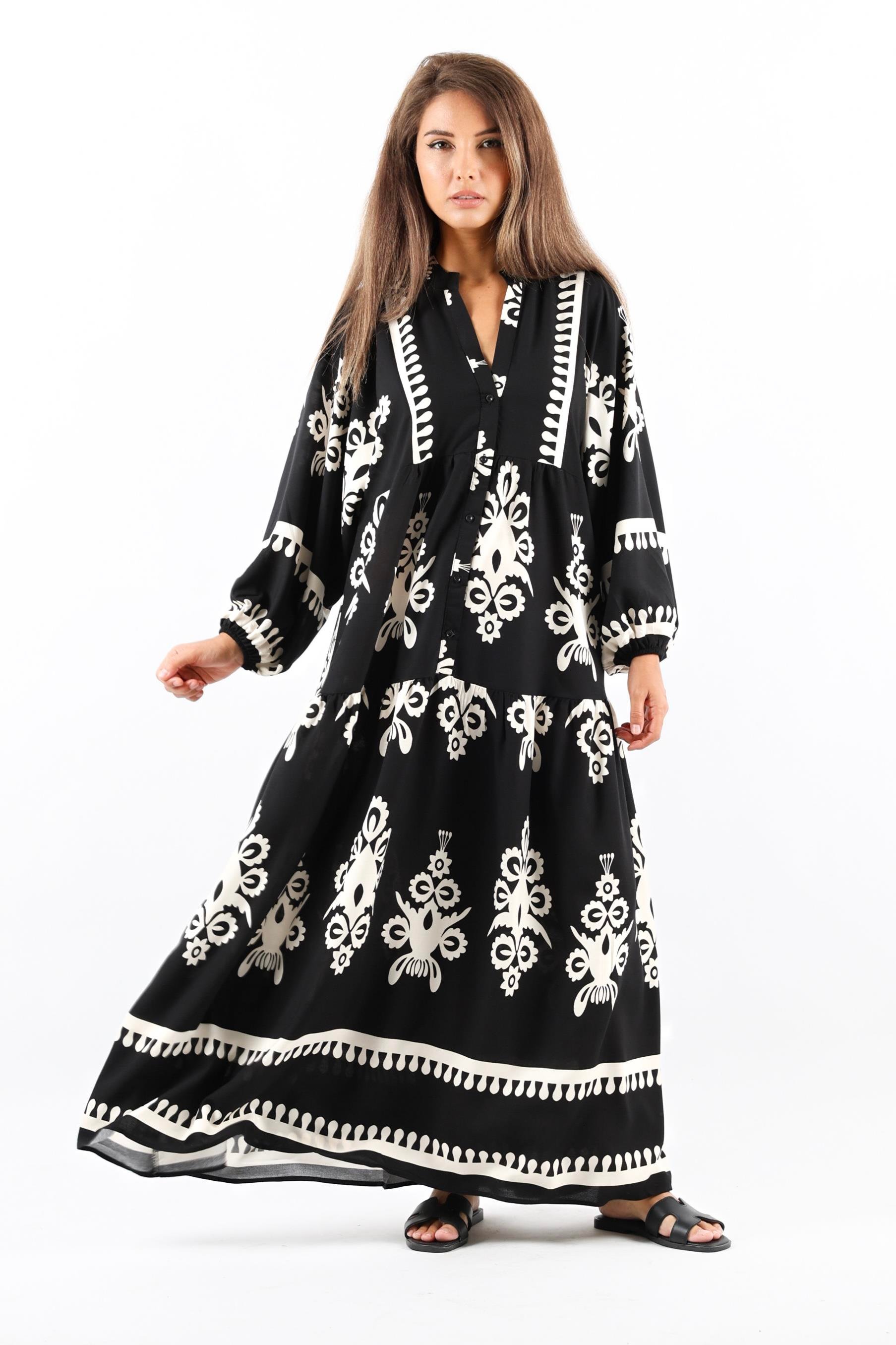 Prive Kadın Şal Desen Maksi Boy %100 Viskon Siyah Uzun Elbise