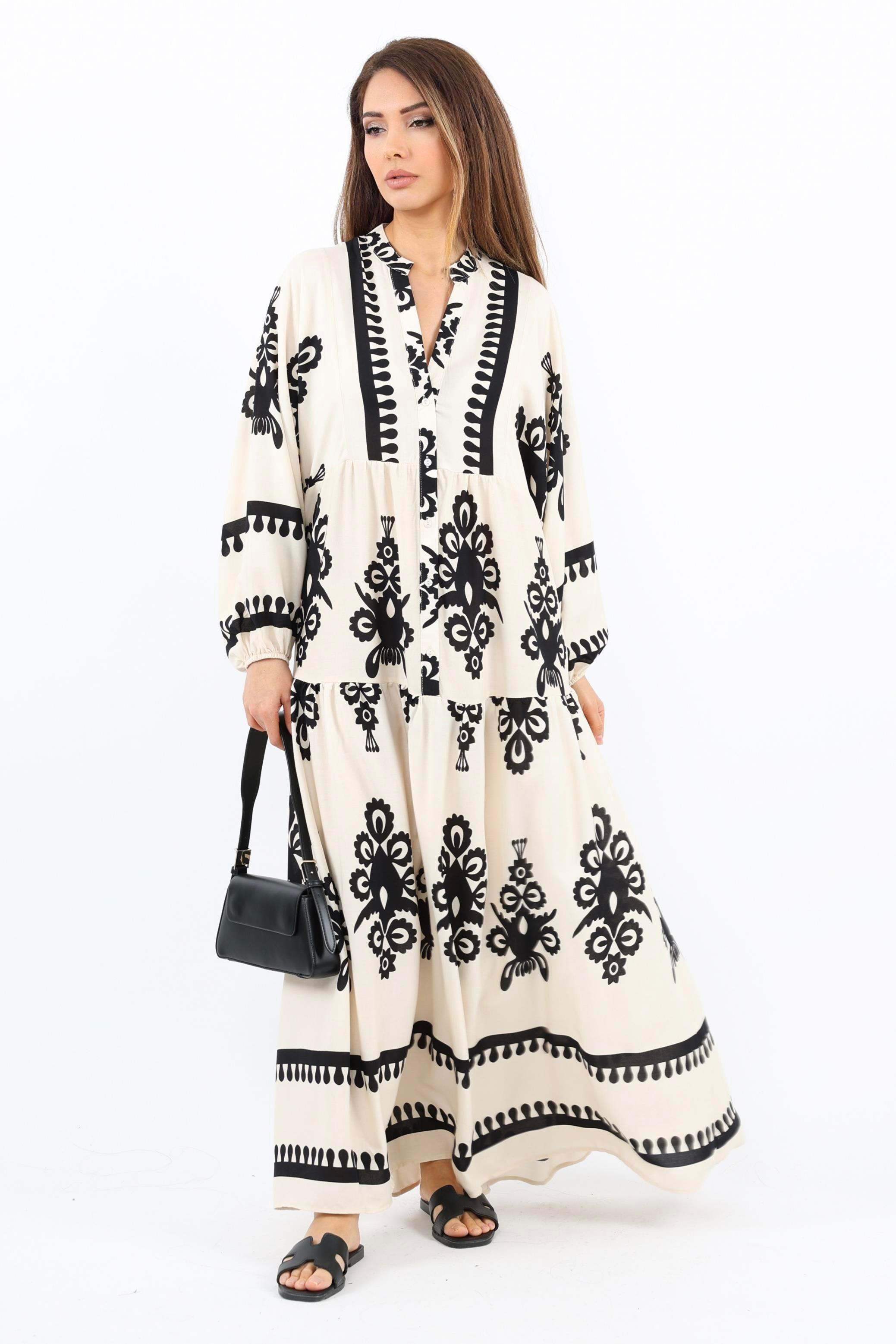 Prive Kadın Şal Desen Maksi Boy %100 Viskon Krem Siyah Uzun Elbise