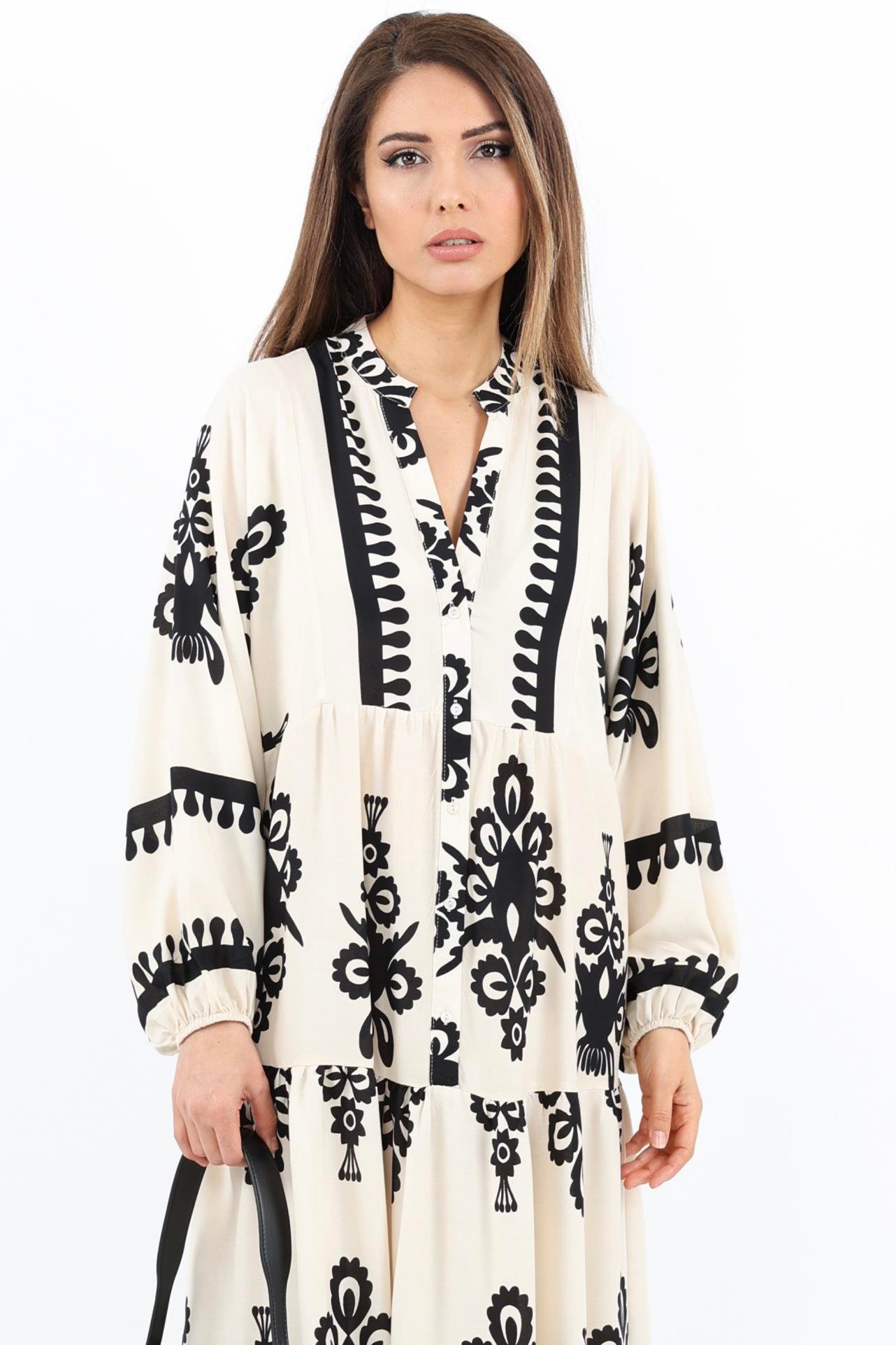 Prive Kadın Şal Desen Maksi Boy %100 Viskon Krem Siyah Uzun Elbise