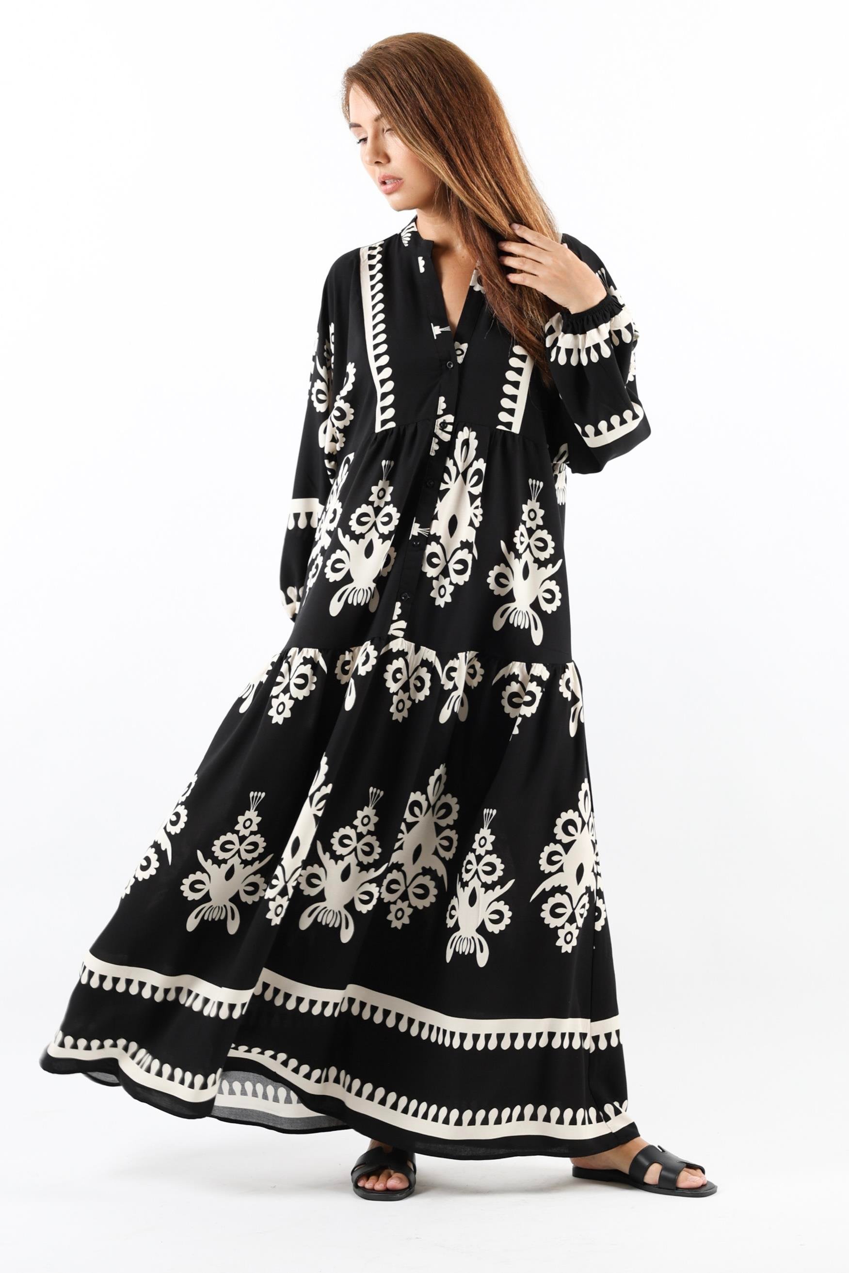 Prive Kadın Şal Desen Maksi Boy %100 Viskon Siyah Uzun Elbise