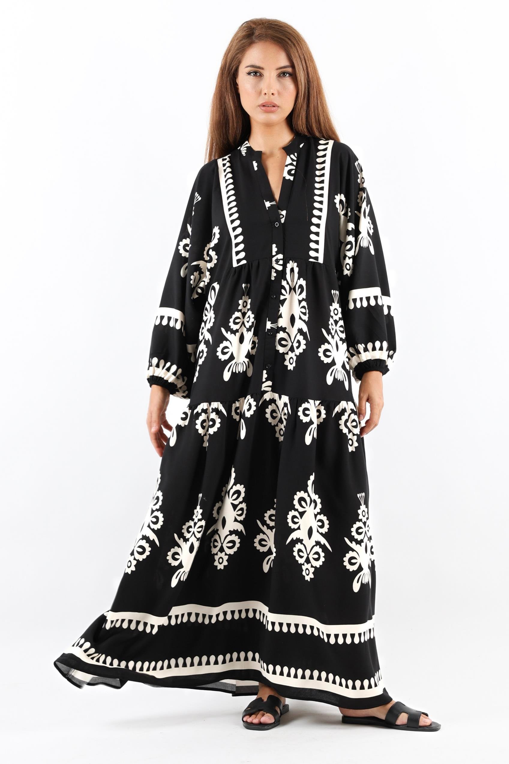 Prive Kadın Şal Desen Maksi Boy %100 Viskon Siyah Uzun Elbise