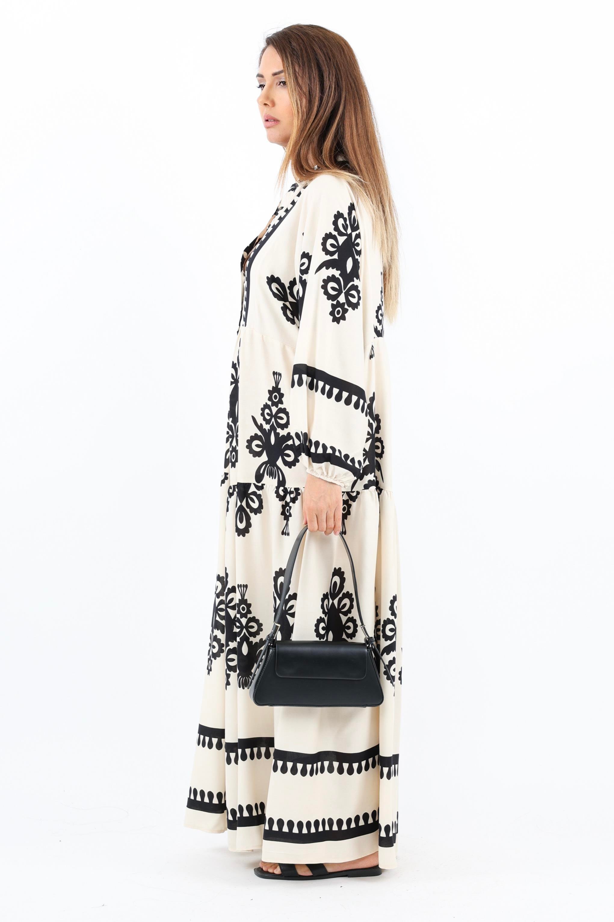 Prive Kadın Şal Desen Maksi Boy %100 Viskon Krem Siyah Uzun Elbise