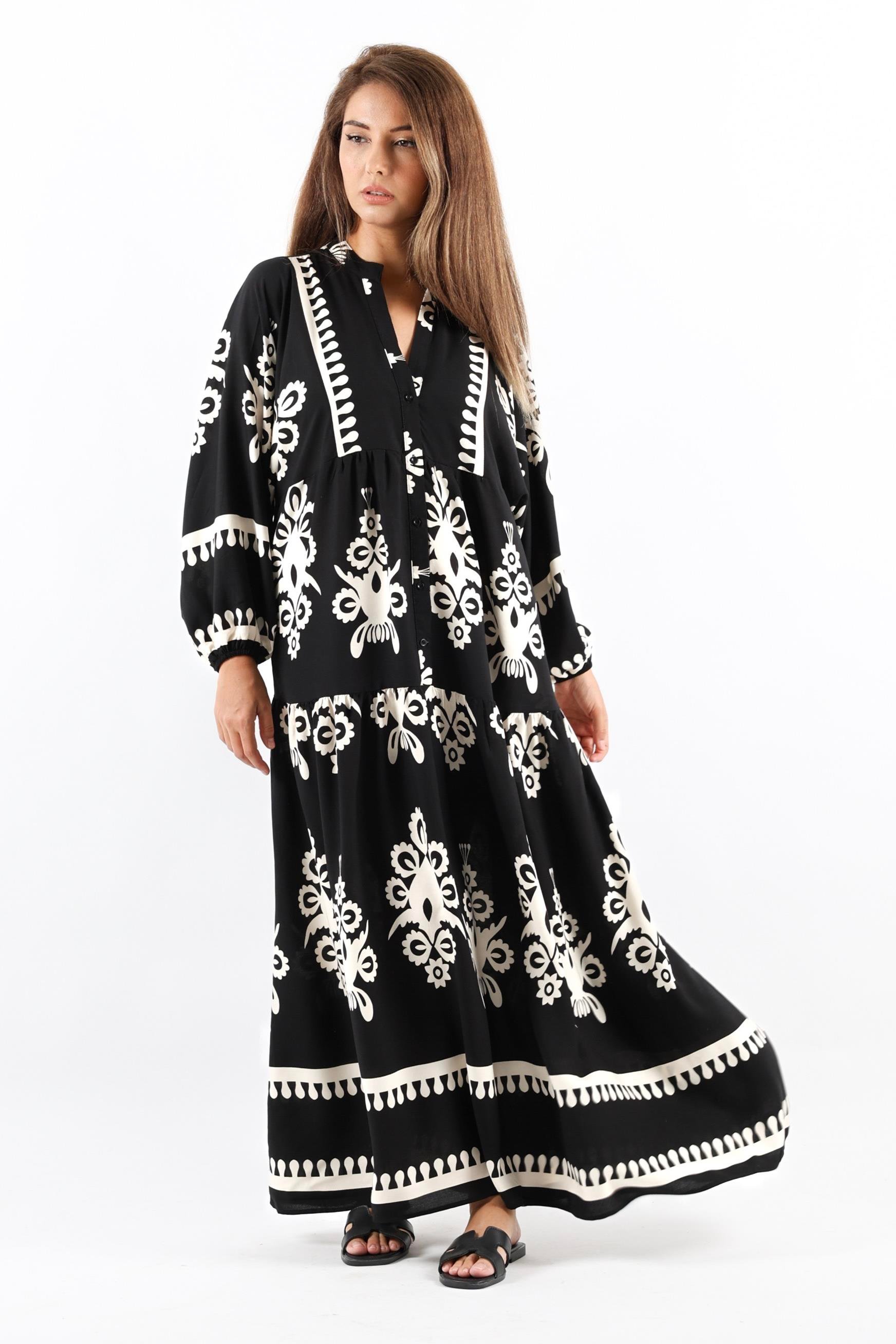 Prive Kadın Şal Desen Maksi Boy %100 Viskon Siyah Uzun Elbise