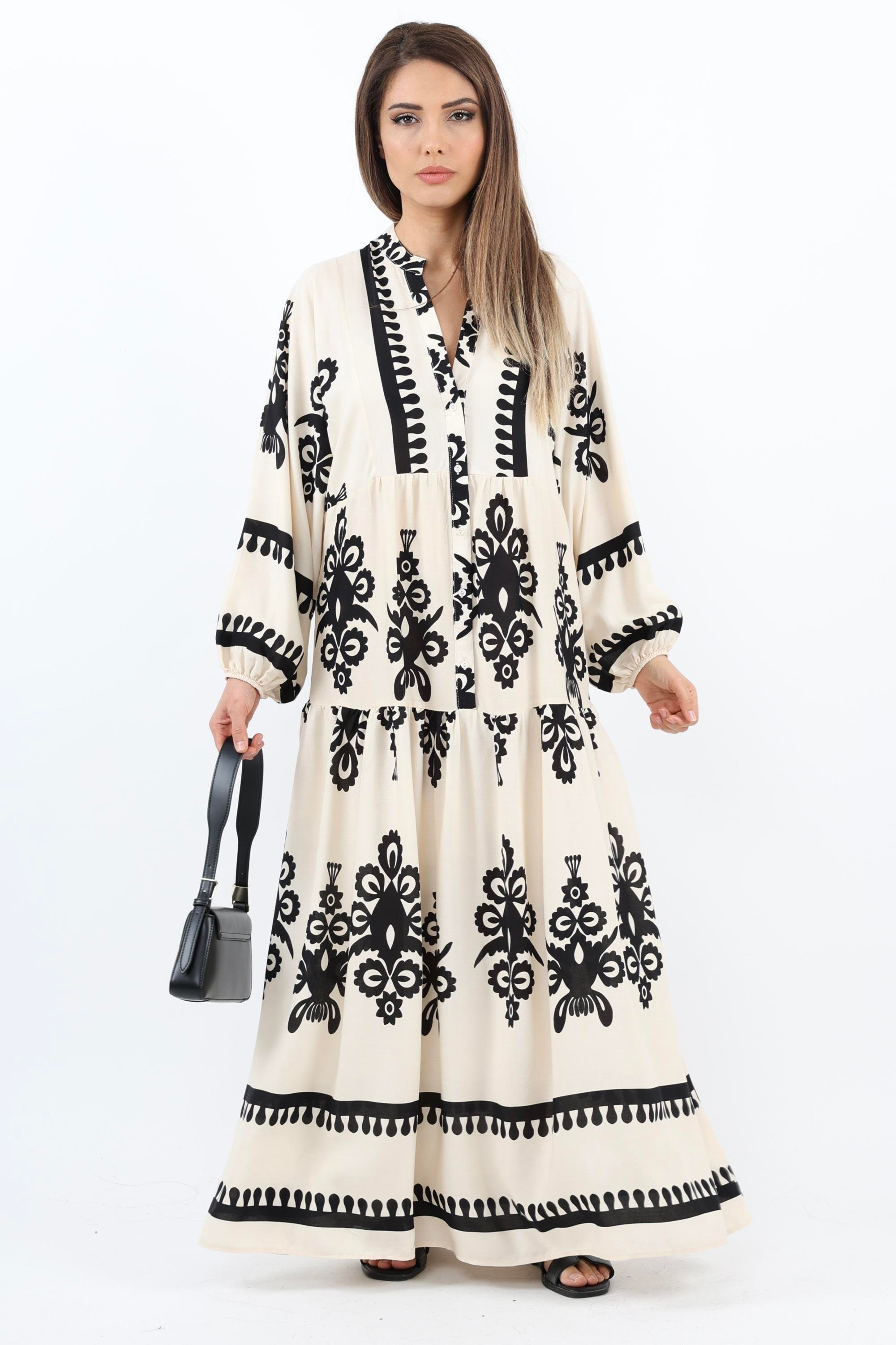 Prive Kadın Şal Desen Maksi Boy %100 Viskon Krem Siyah Uzun Elbise