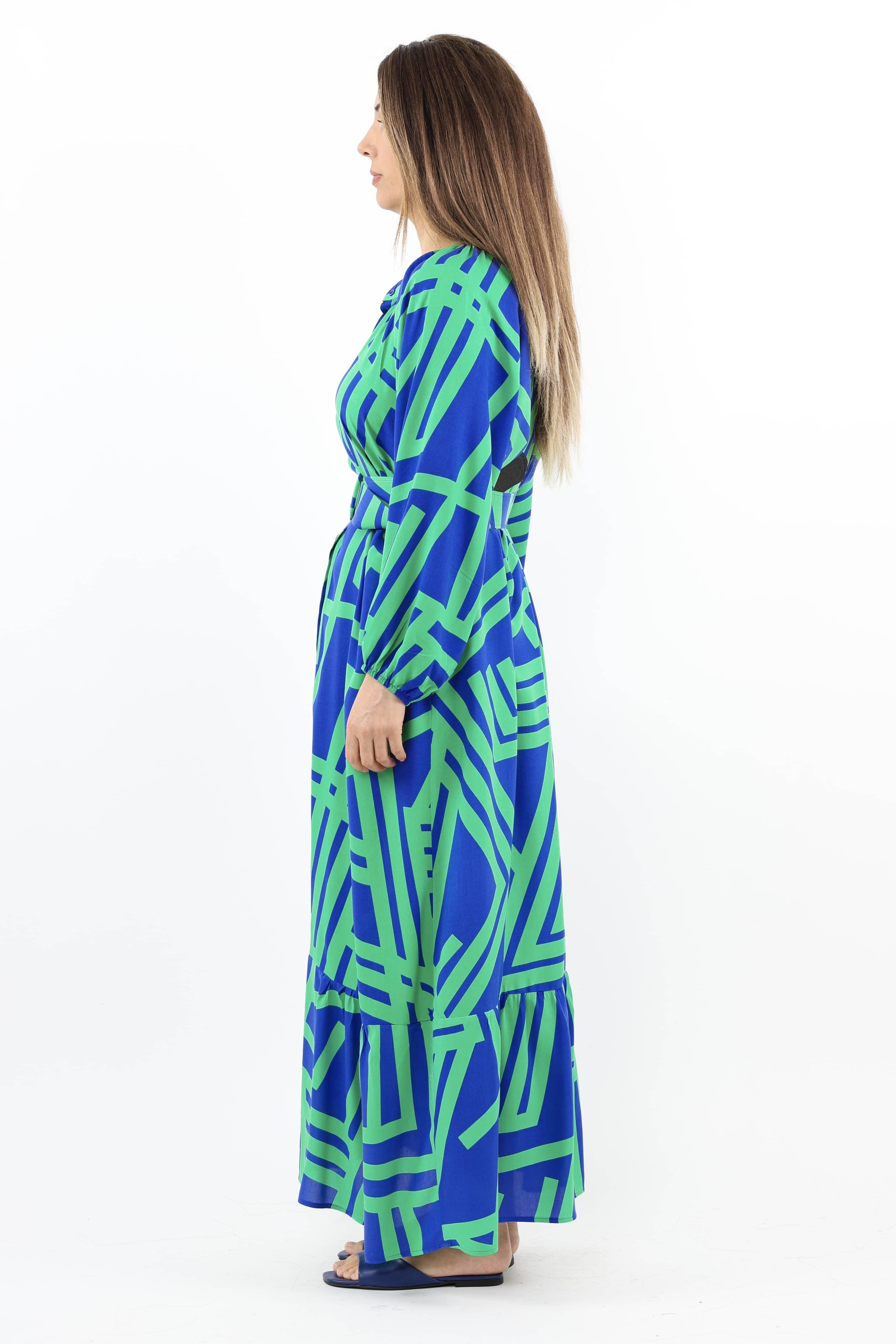 Prive Kadın Turn Yeşil Mavi Kemerli %100 Viskon Yazlık Elbise