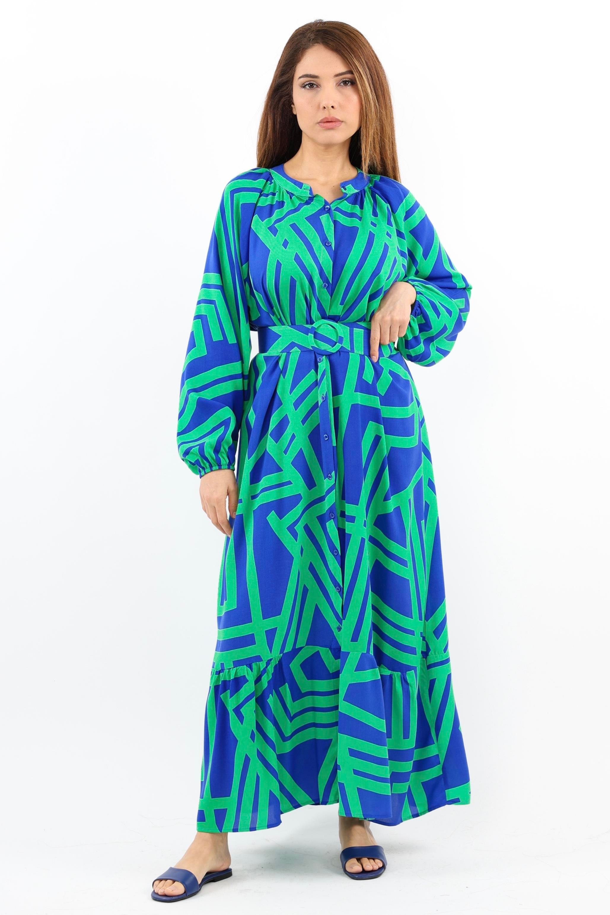 Prive Kadın Turn Yeşil Mavi Kemerli %100 Viskon Yazlık Elbise