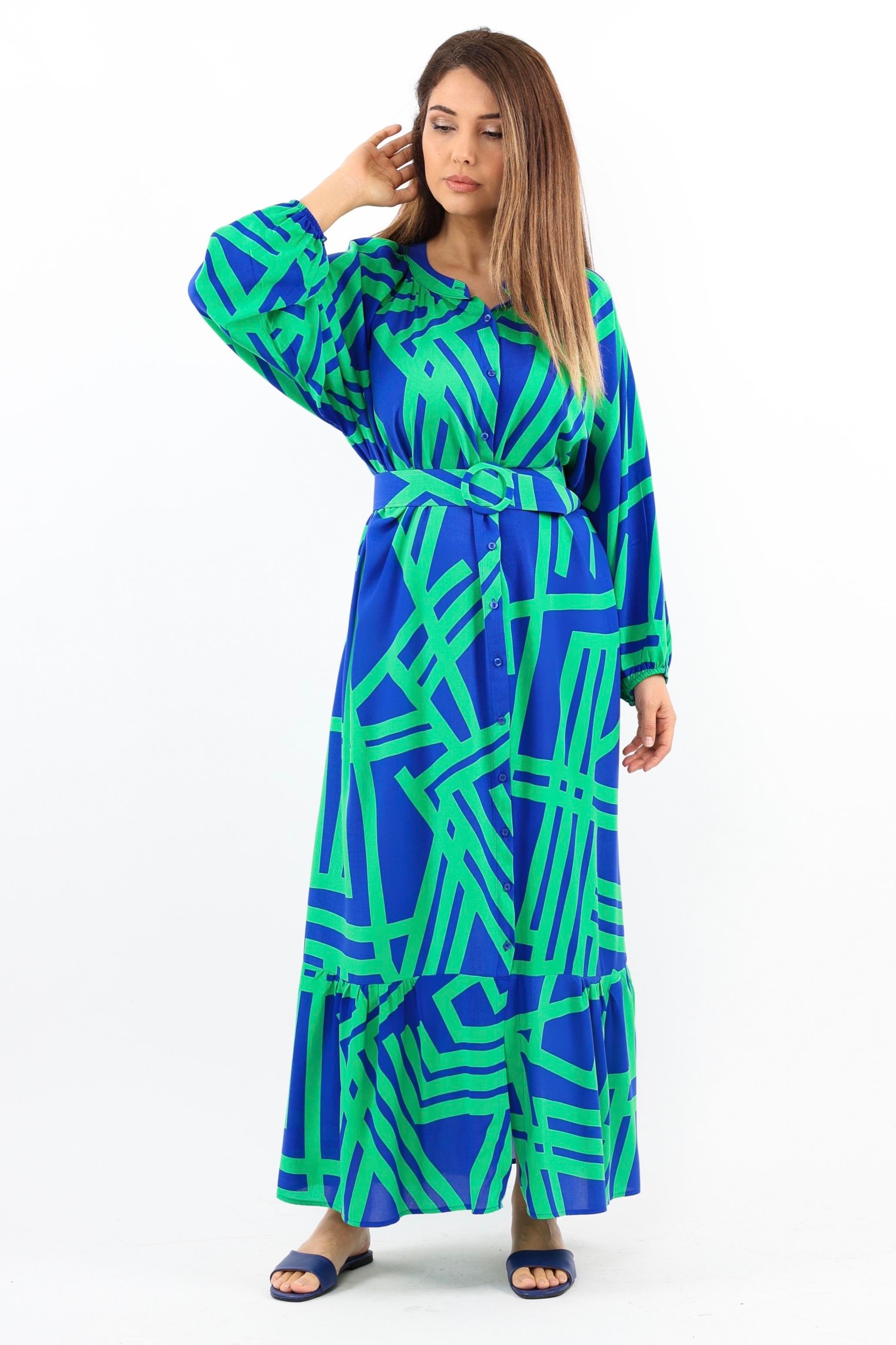 Prive Kadın Turn Yeşil Mavi Kemerli %100 Viskon Yazlık Elbise