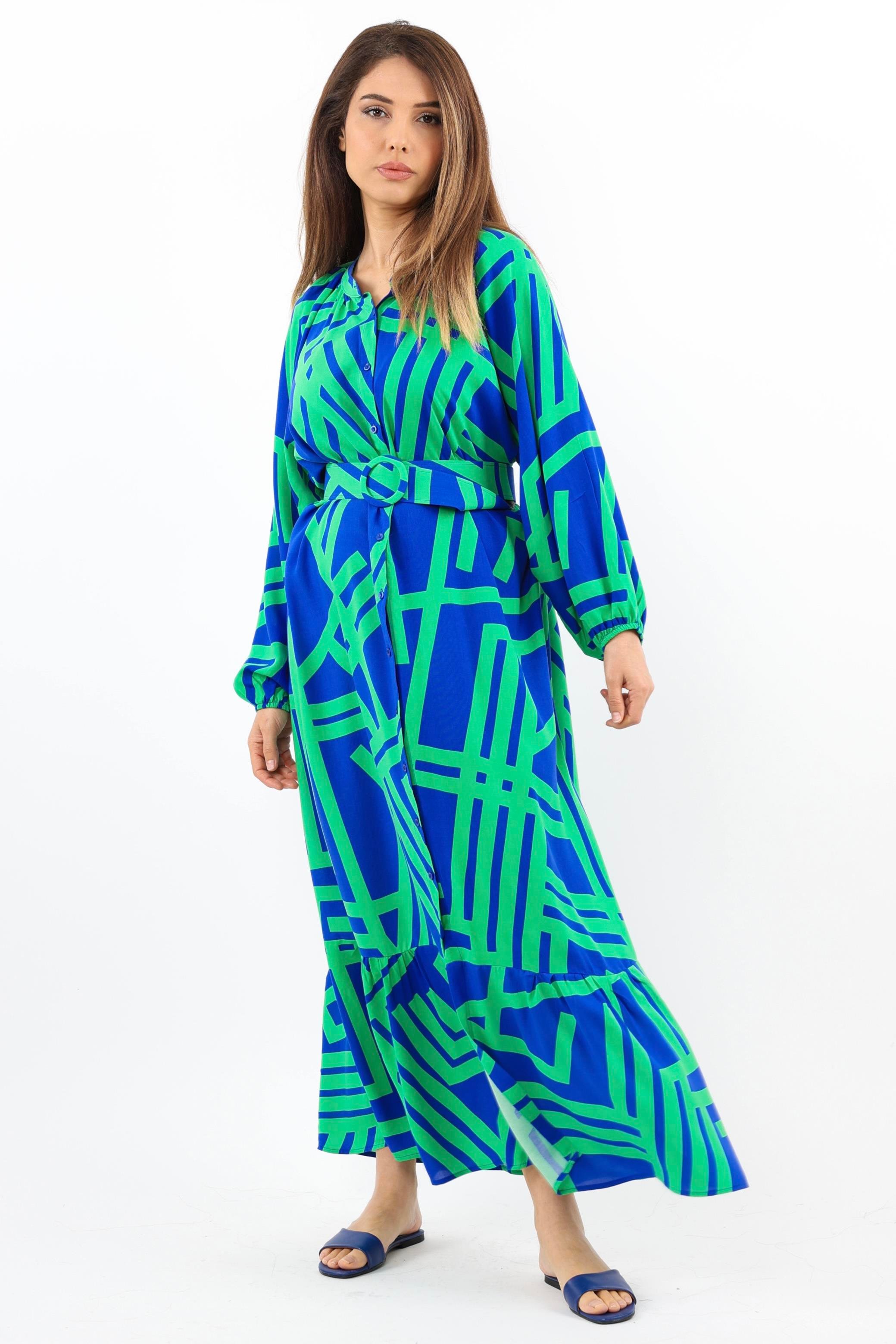 Prive Kadın Turn Yeşil Mavi Kemerli %100 Viskon Yazlık Elbise