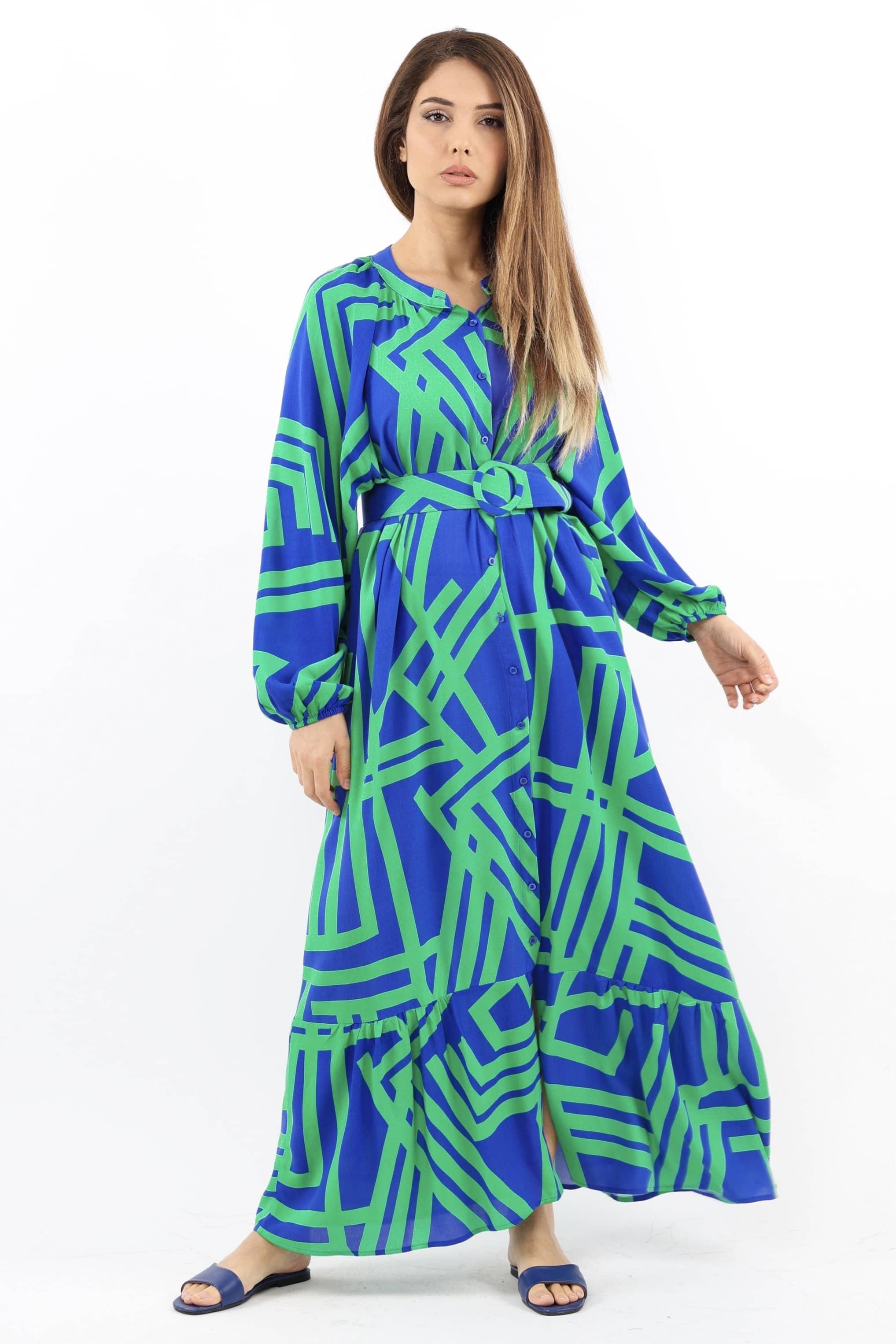 Prive Kadın Turn Yeşil Mavi Kemerli %100 Viskon Yazlık Elbise