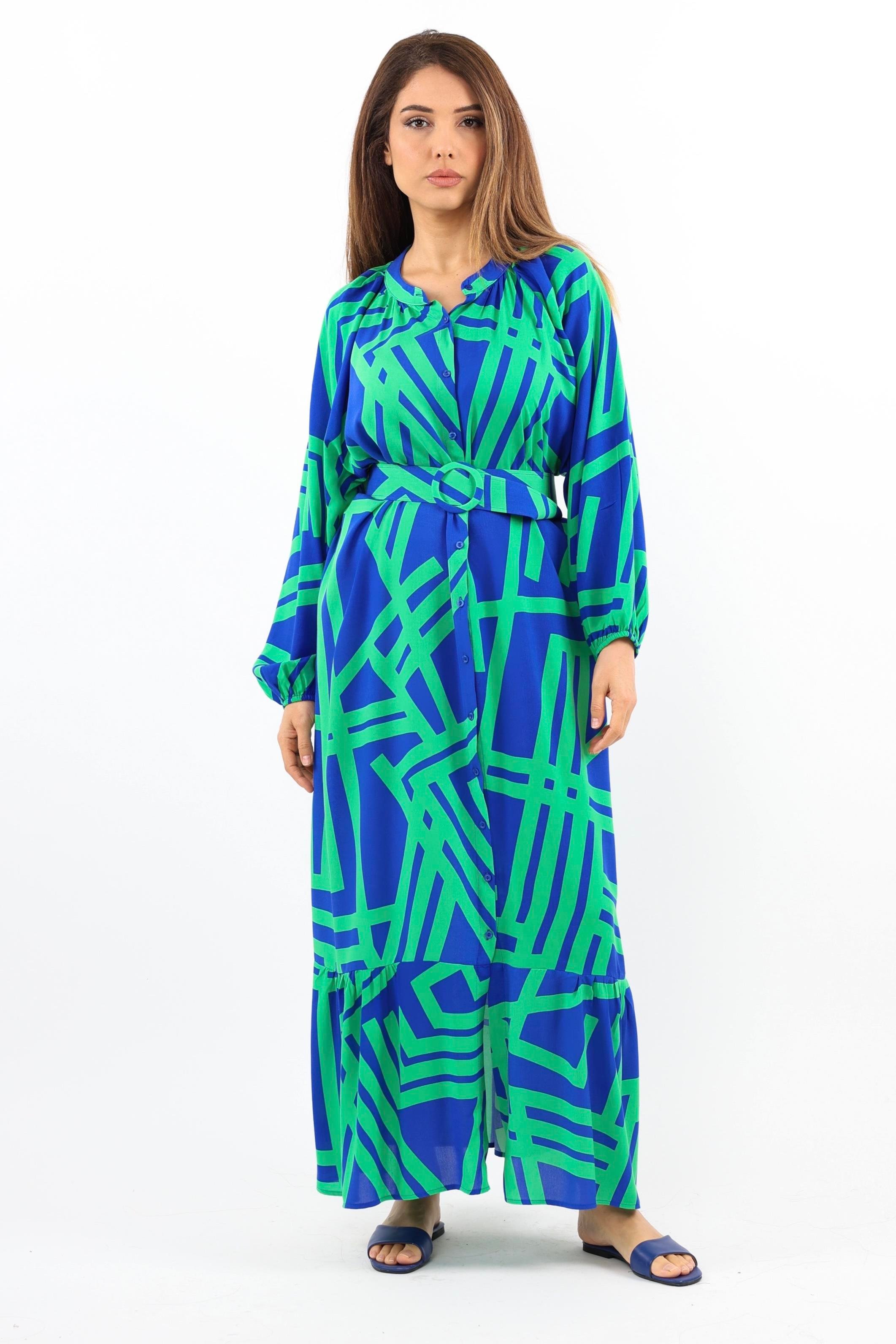 Prive Kadın Turn Yeşil Mavi Kemerli %100 Viskon Yazlık Elbise