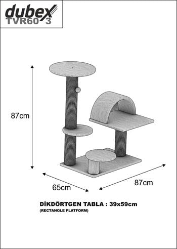 Dubex 65x87x87 cm Kedi Oyun Evi ve Tırmalama Platformu Gri