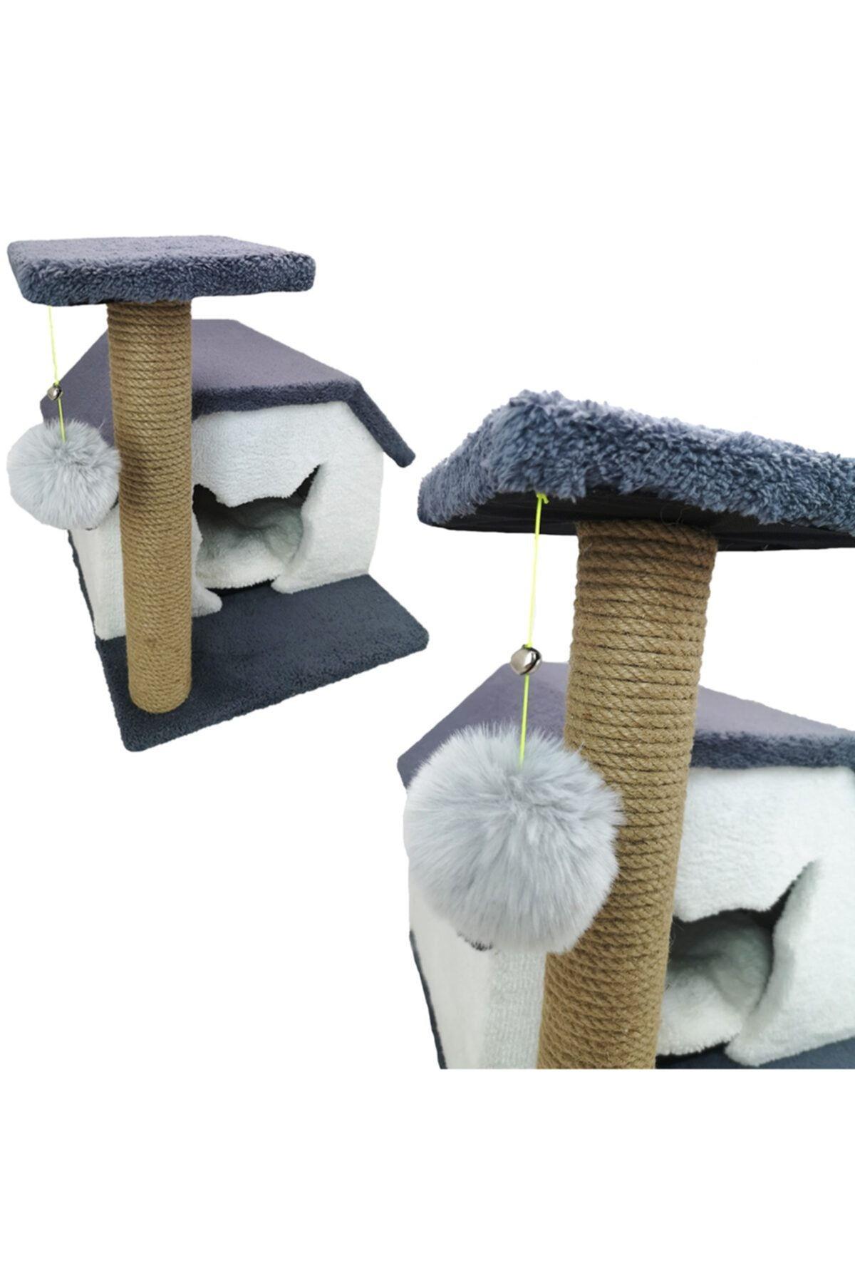 Patiderm Kedi Oyun Evi Ve 50cm Tırmalama Tahtası Ponponlu Ve Zilli - Gri
