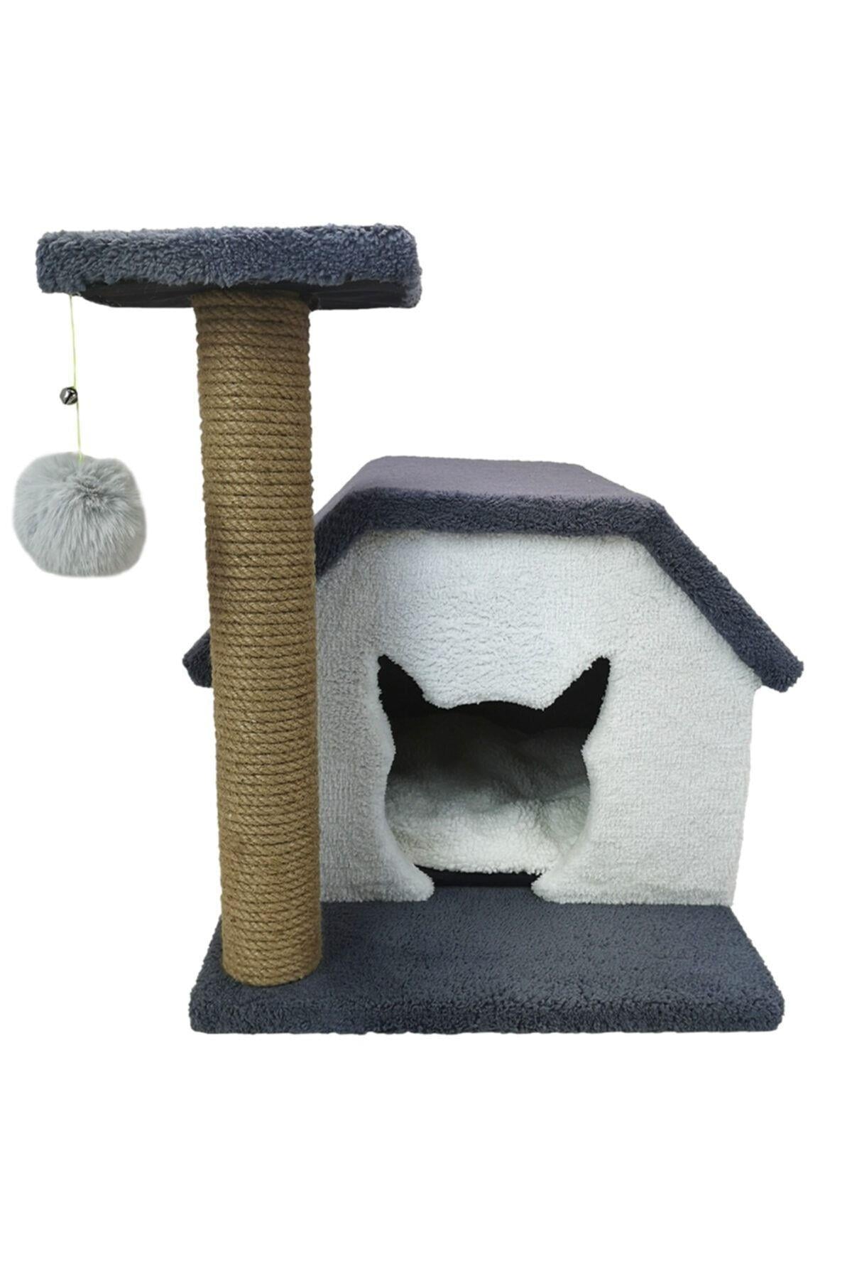 Patiderm Kedi Oyun Evi Ve 50cm Tırmalama Tahtası Ponponlu Ve Zilli - Gri