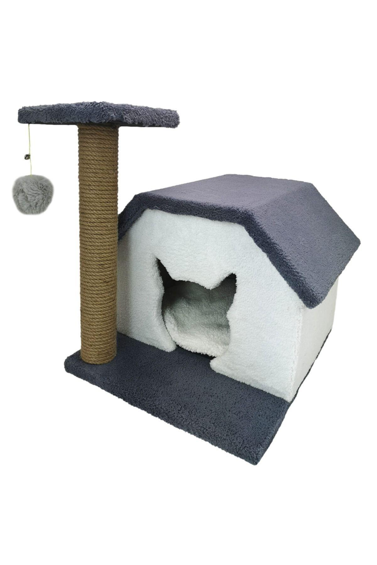 Patiderm Kedi Oyun Evi Ve 50cm Tırmalama Tahtası Ponponlu Ve Zilli - Gri