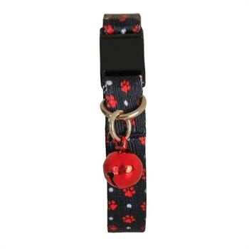 PetTagArt Güvenlik Kilitli Ayarlanabilir Siyah Üzerine Kırmızı Patili  Yumuşak Doku Kedi Boyun Tasması 22-30 cm