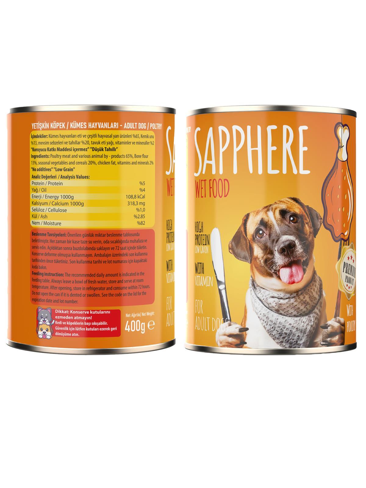 Sapphere Kümes Hayvanlı Yetişkin Köpek Maması Konserve 400 Gr 24 Adet