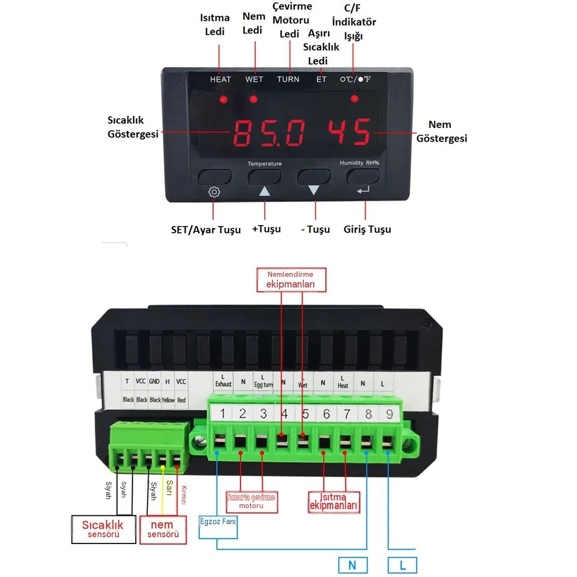 HT-10 AC220V Kuluçka Kontrolörü(Isı-Nem-Çevirme-Egsoz-Alarm)