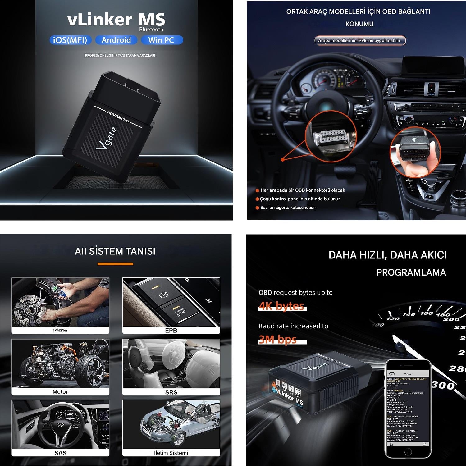 Vlinker MS ELM327 OBD2 Araç Teşhis Cihazı Bluetooth
