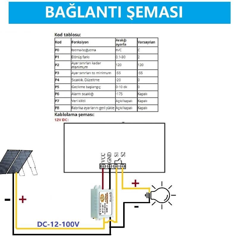 W3230 DC12-100V 10A Güneş Paneli Termostatı