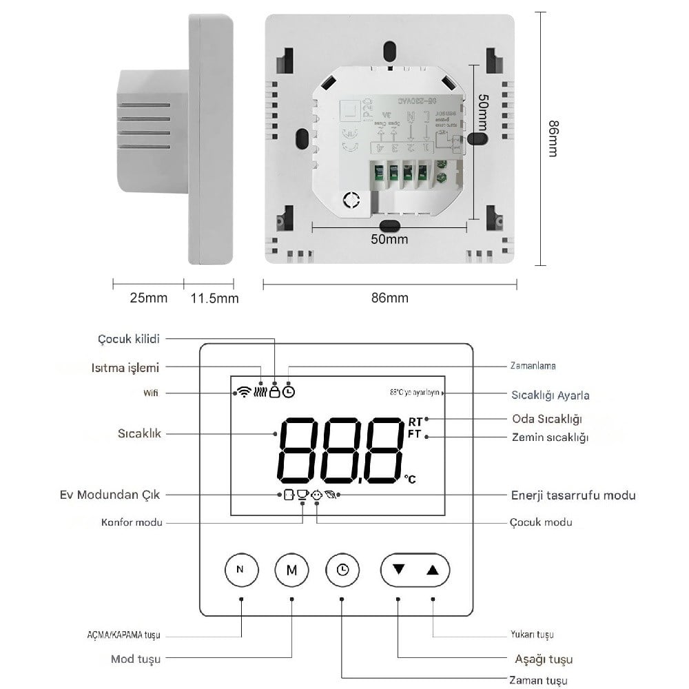 YATE10 220V 3A LCD Ekranlı Termostat