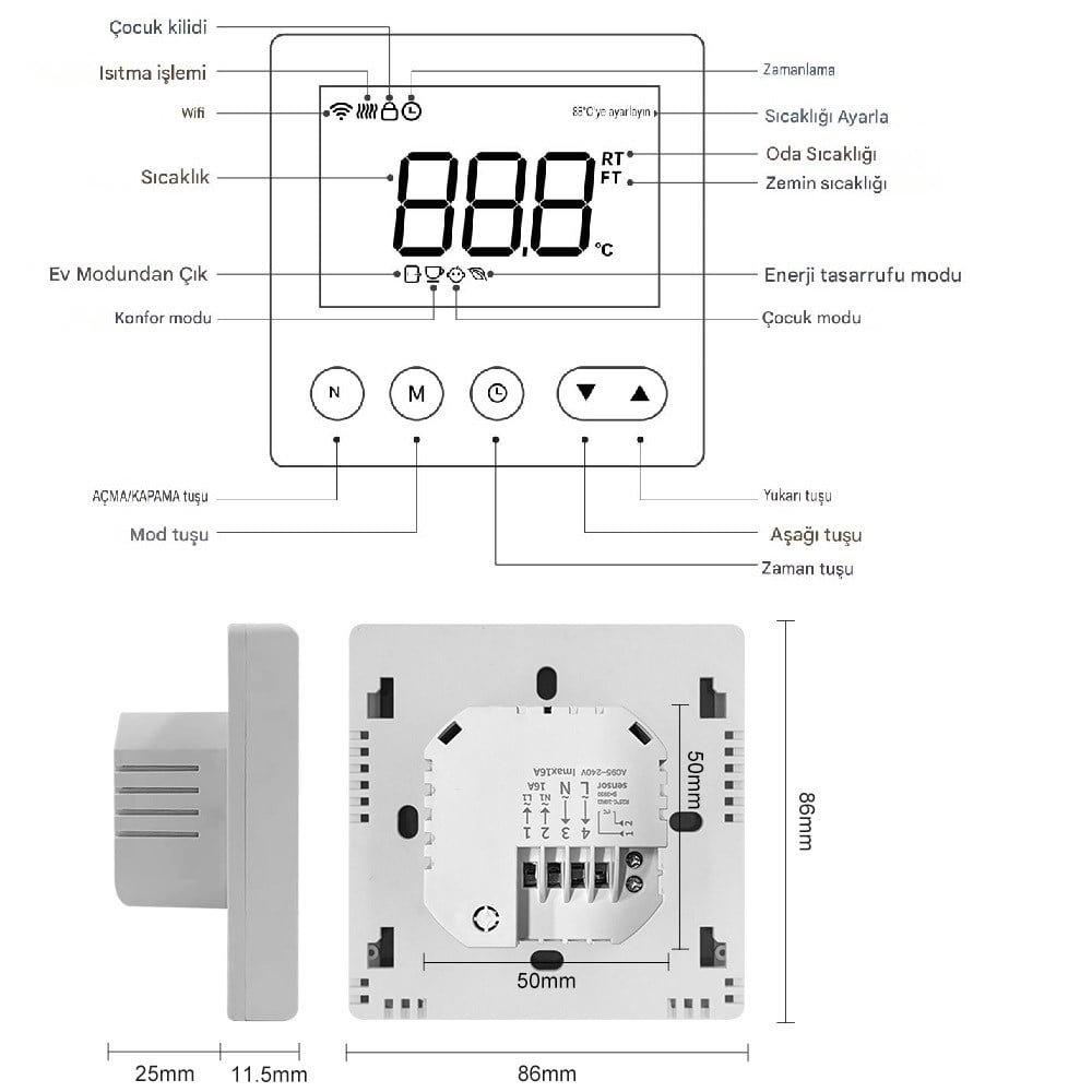 YATE10 Smart Tuya Wifi AC220V 16A Beyaz Termostat 